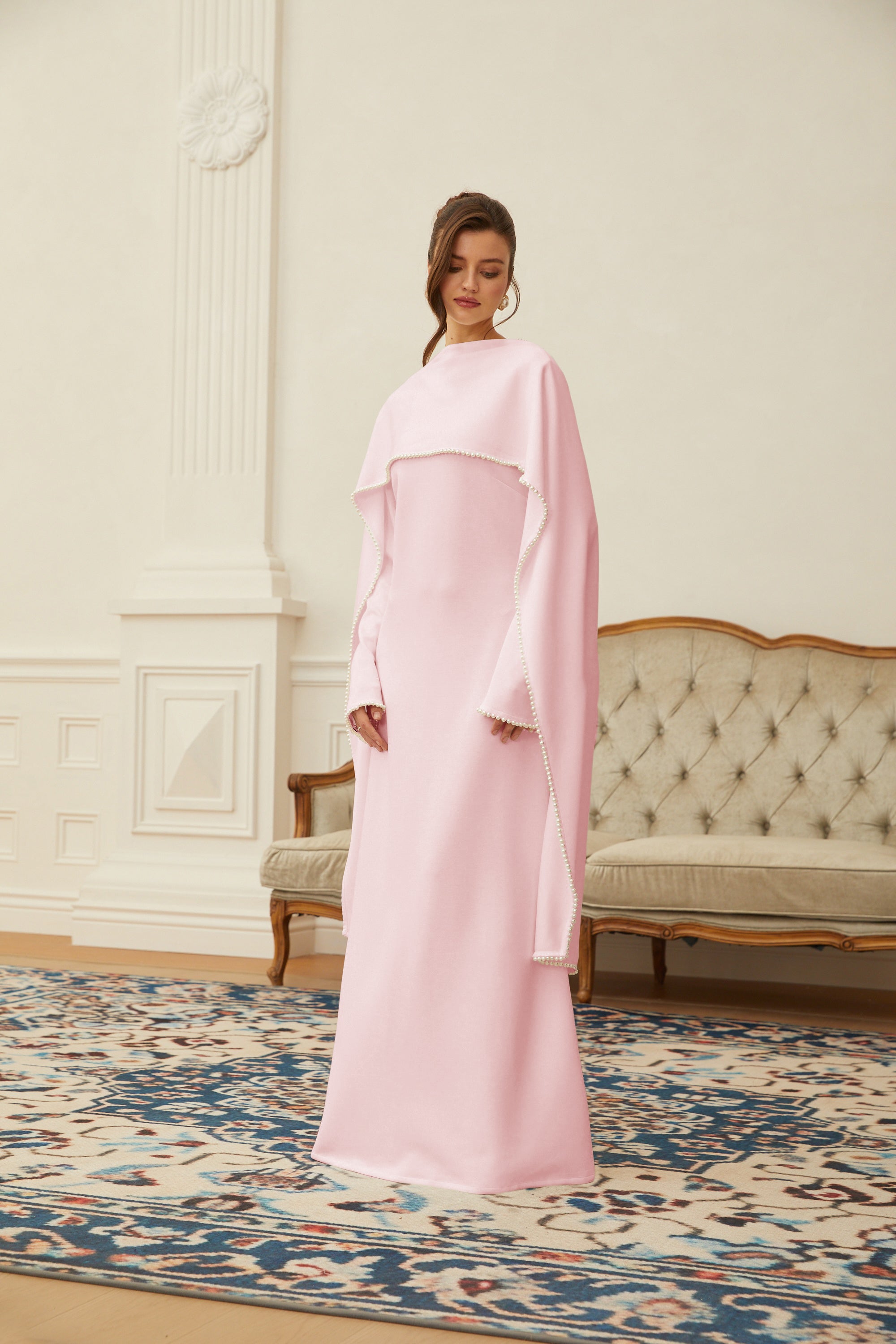 Piroska Pink Pearl Trim Shawl Detail Maxi Dress