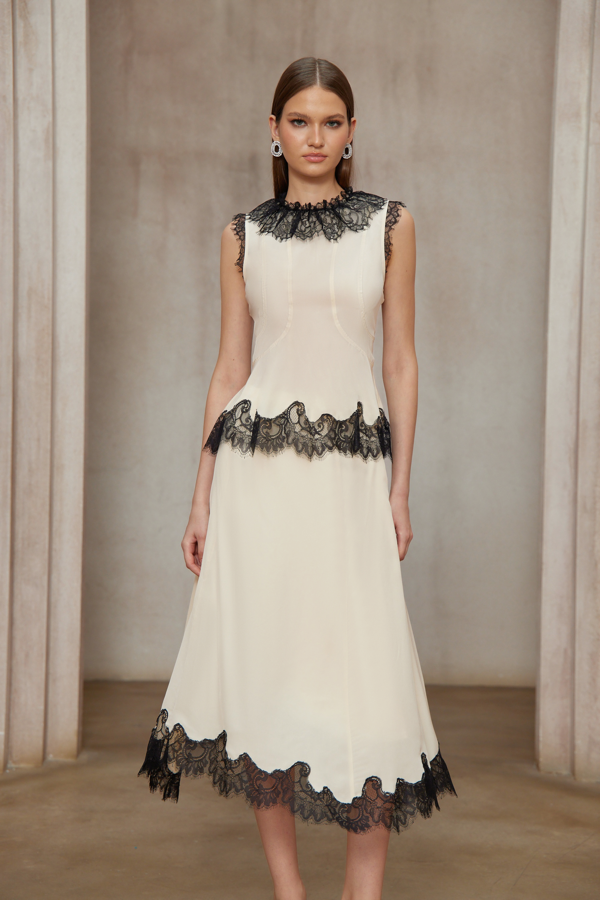 Zsófia Neutral Lace Panel Chiffon Top & Skirt Matching Set (Final Sale-US Only)