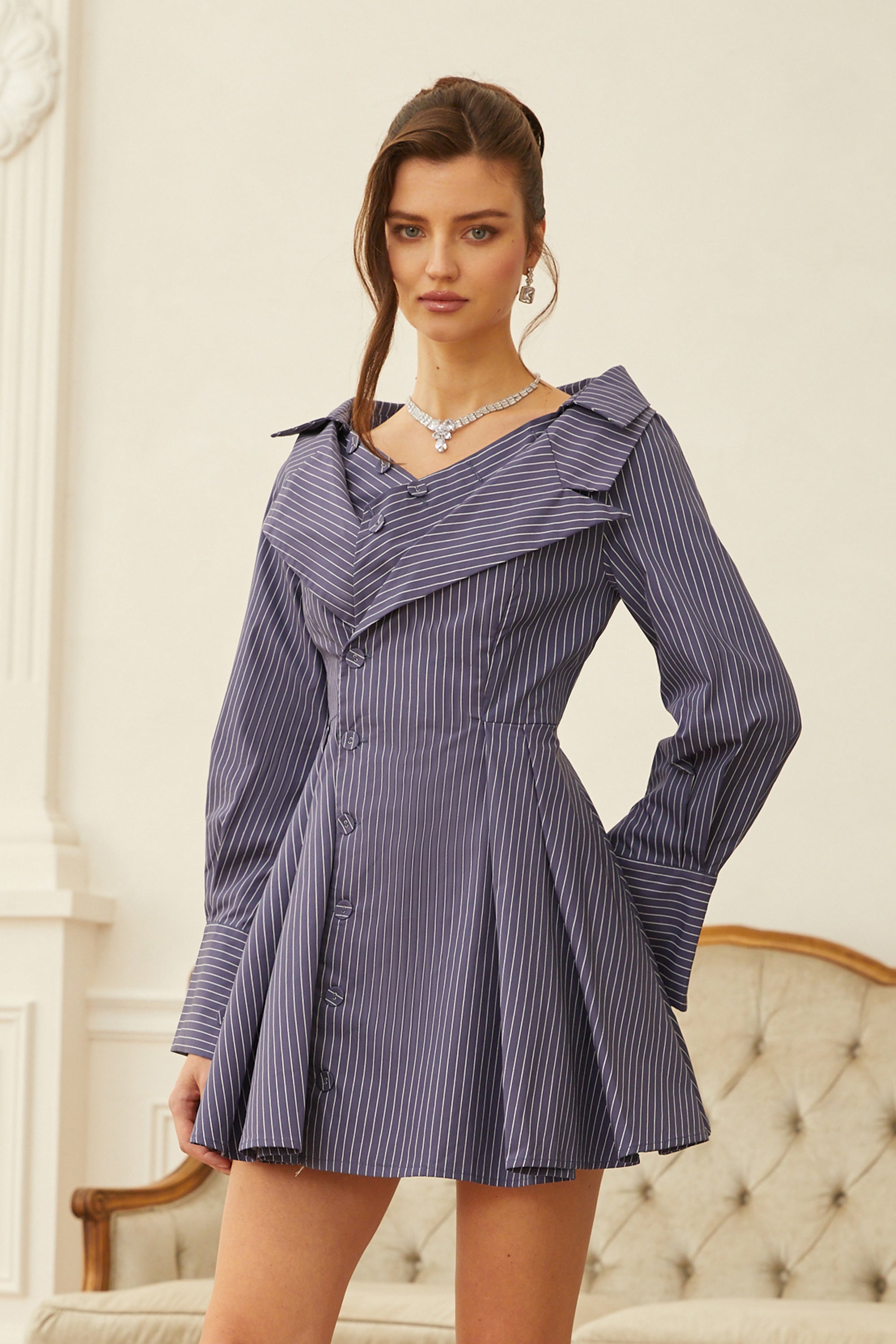 Rita Blue Pinstriped Mini Shirt Dress