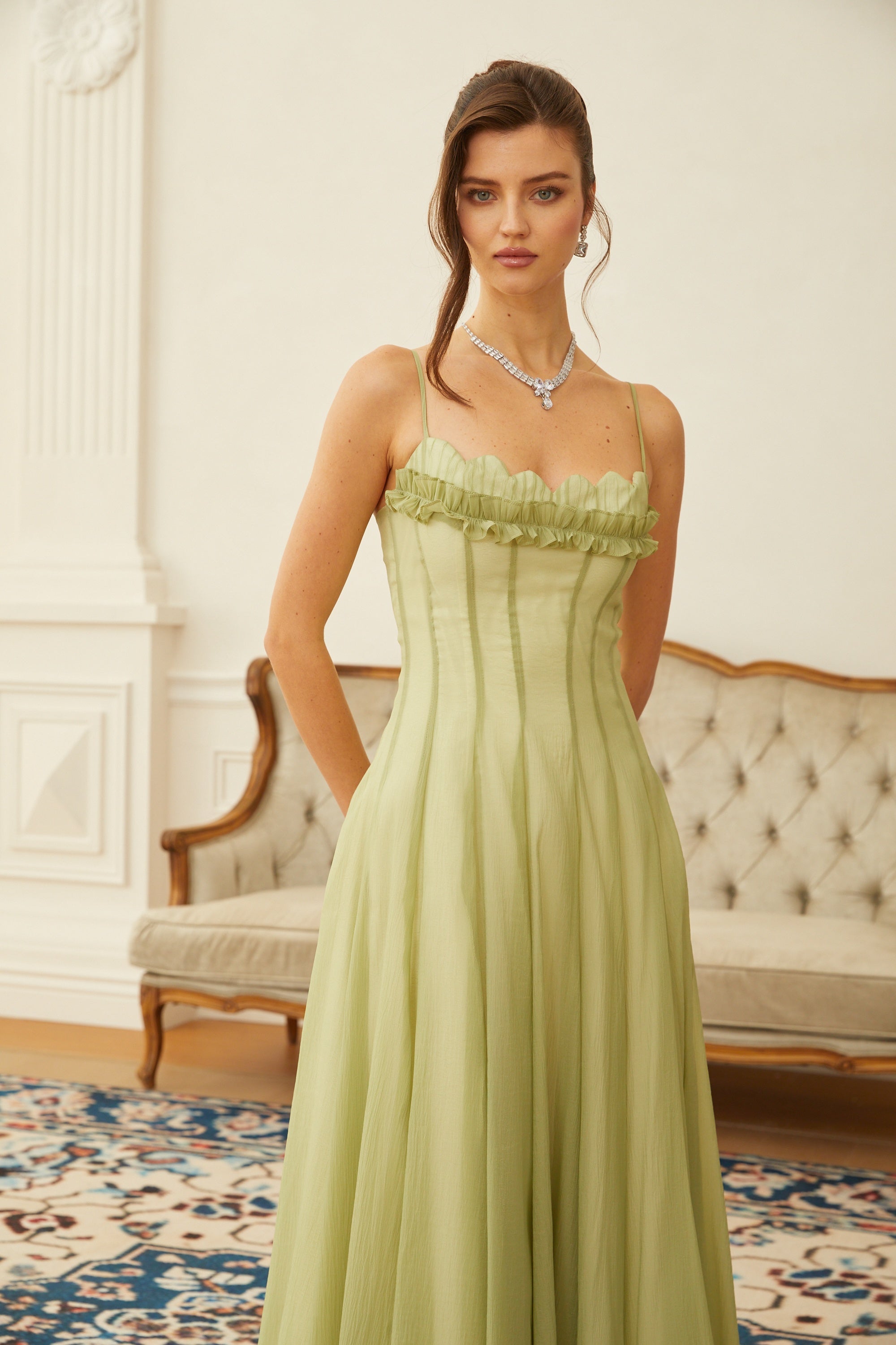 Seraphina Ruffled Shirred Tulle Maxi Dress