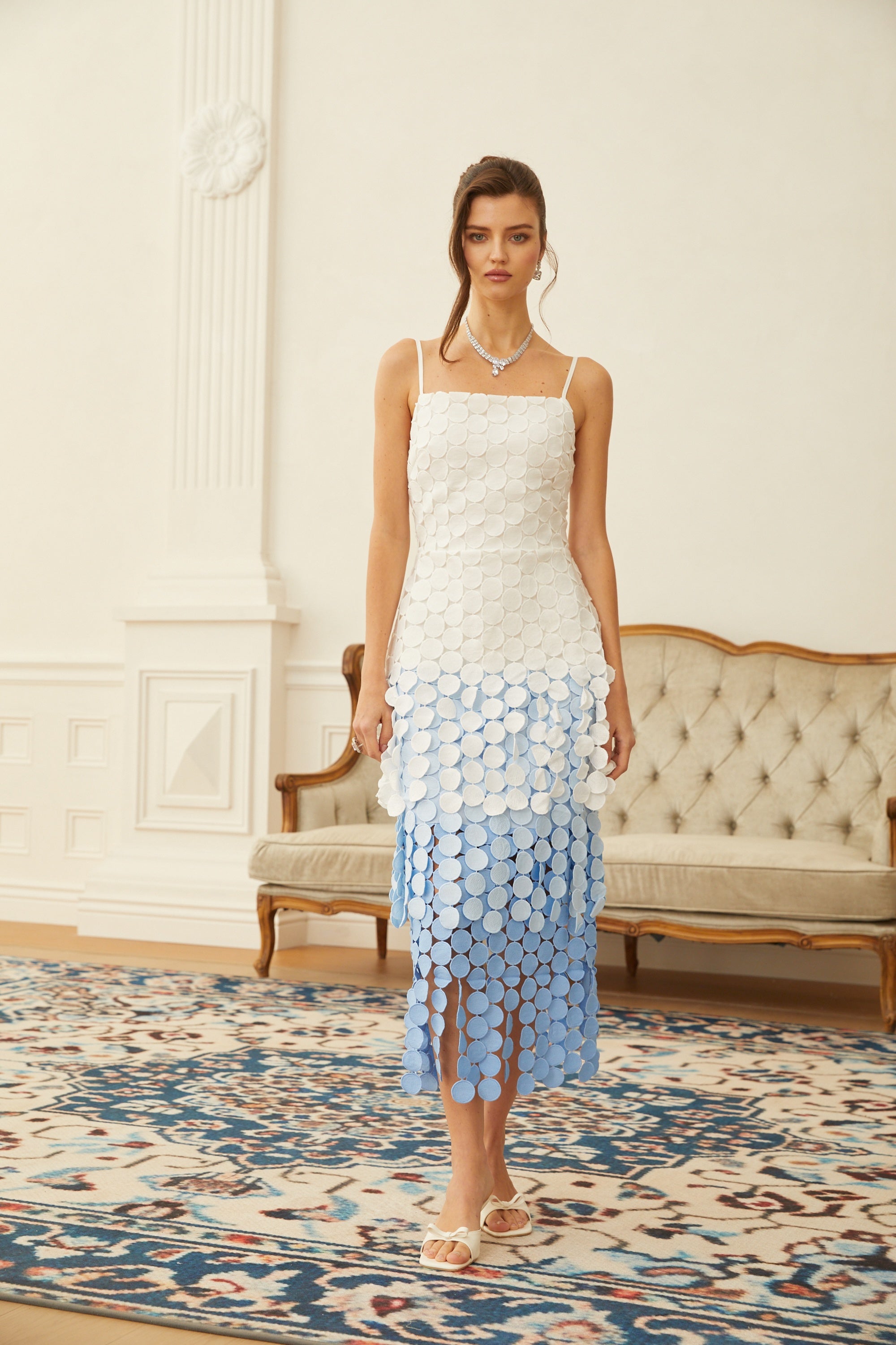 Vezzetti Blue Embroidered-Disc Fringed Midi Dress (Final Sale-US Only)