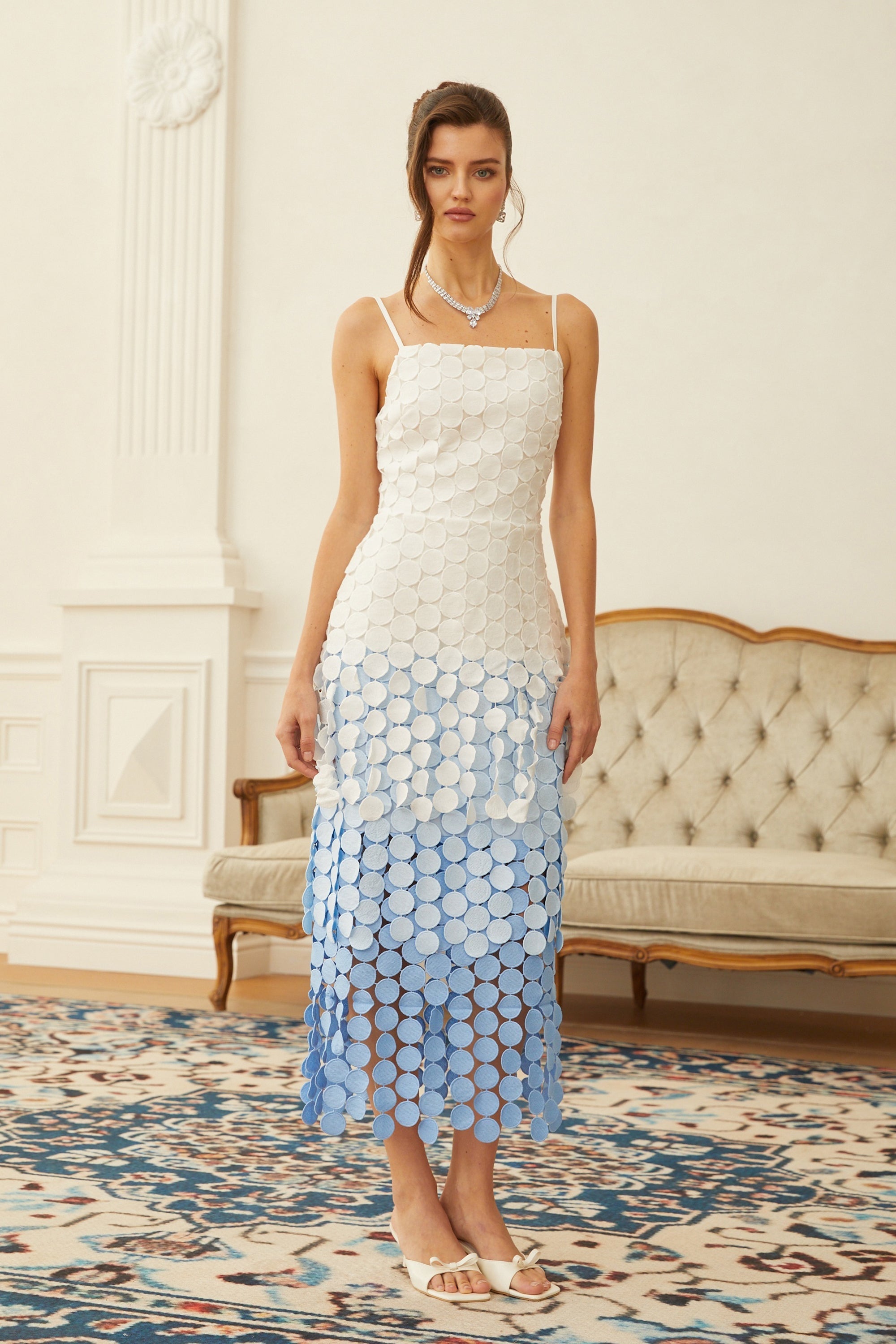Vezzetti Blue Embroidered-Disc Fringed Midi Dress (Final Sale-US Only)