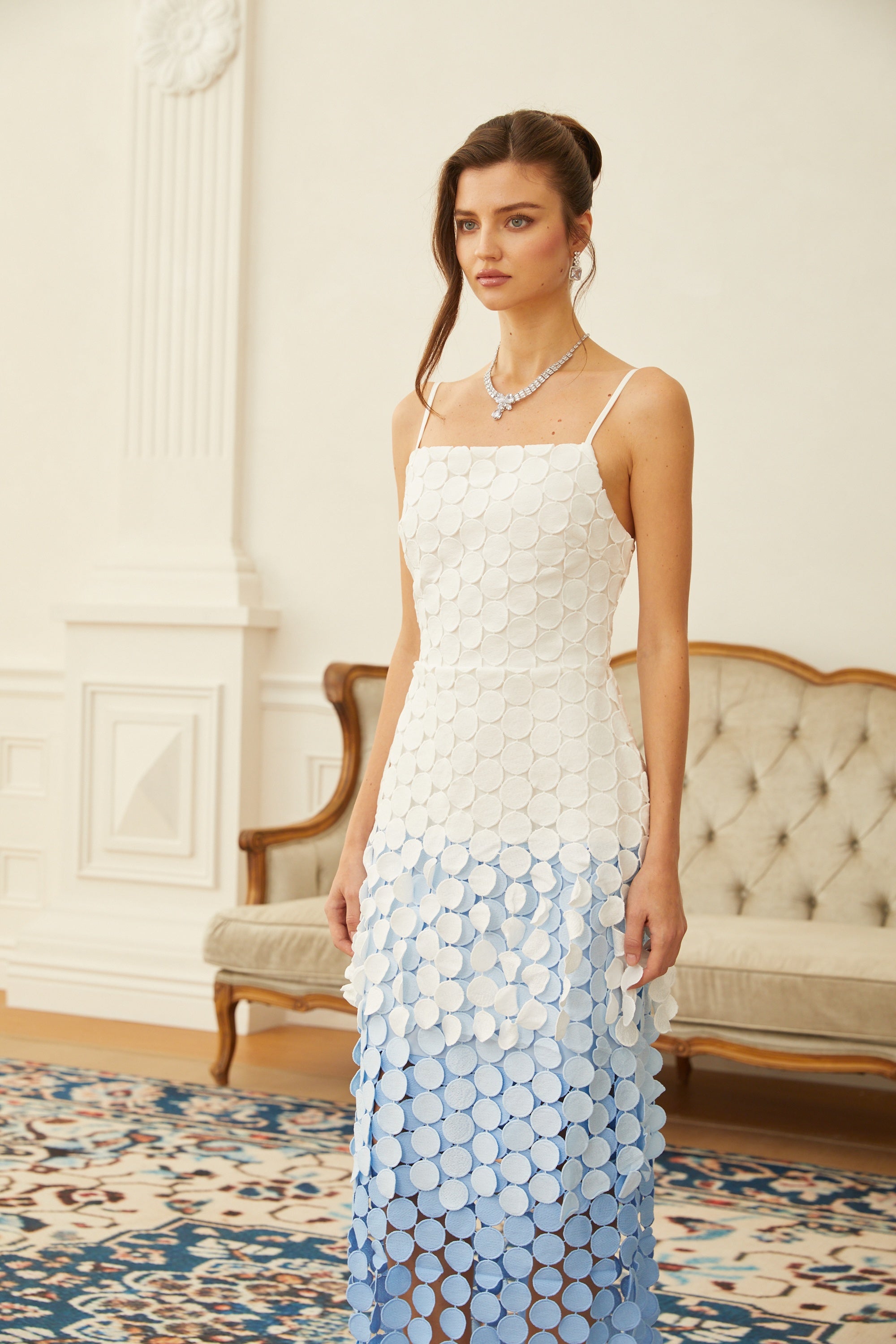 Vezzetti Blue Embroidered-Disc Fringed Midi Dress (Final Sale-US Only)