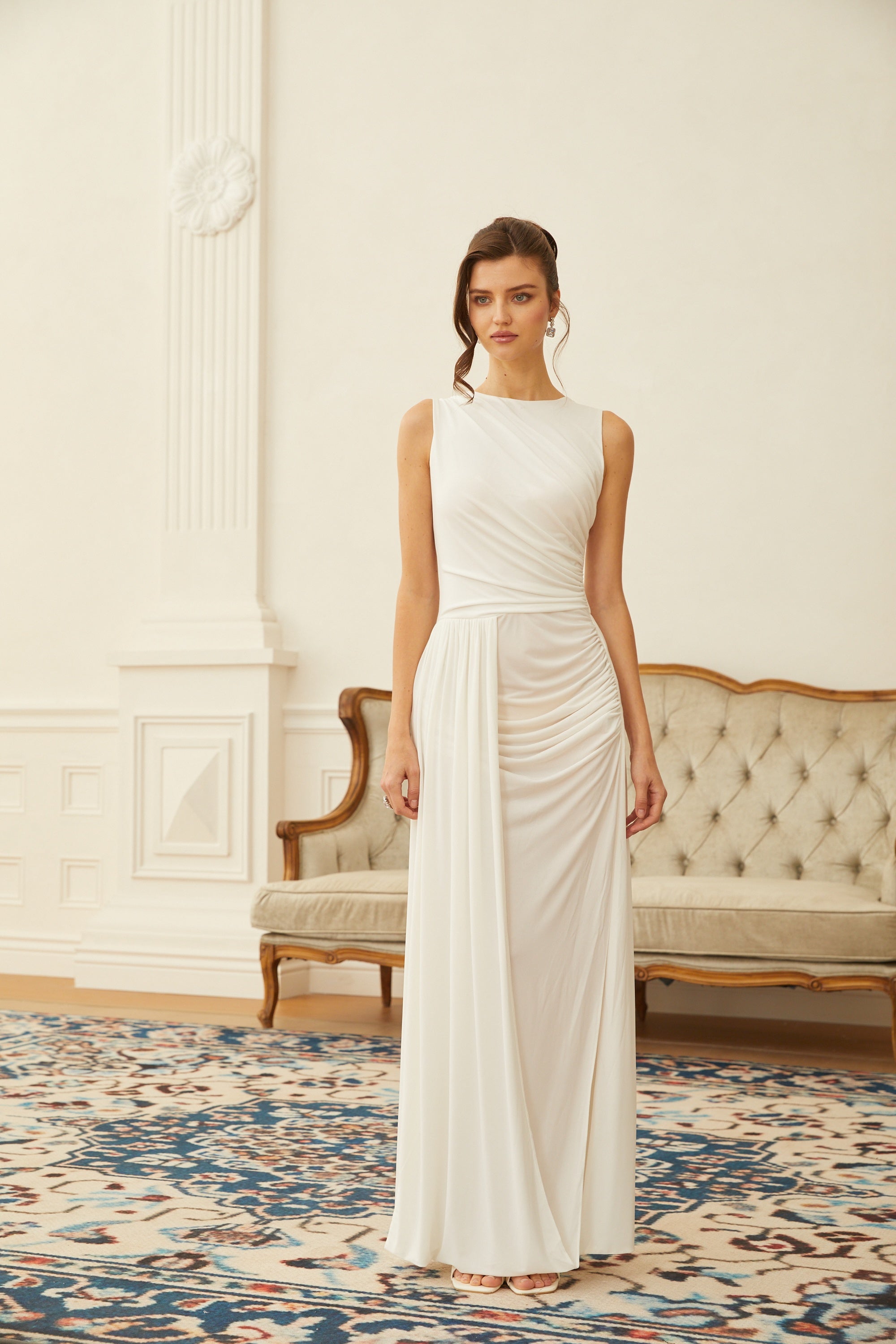 Willow White High Slit Gathered Maxi Dress (Final Sale)