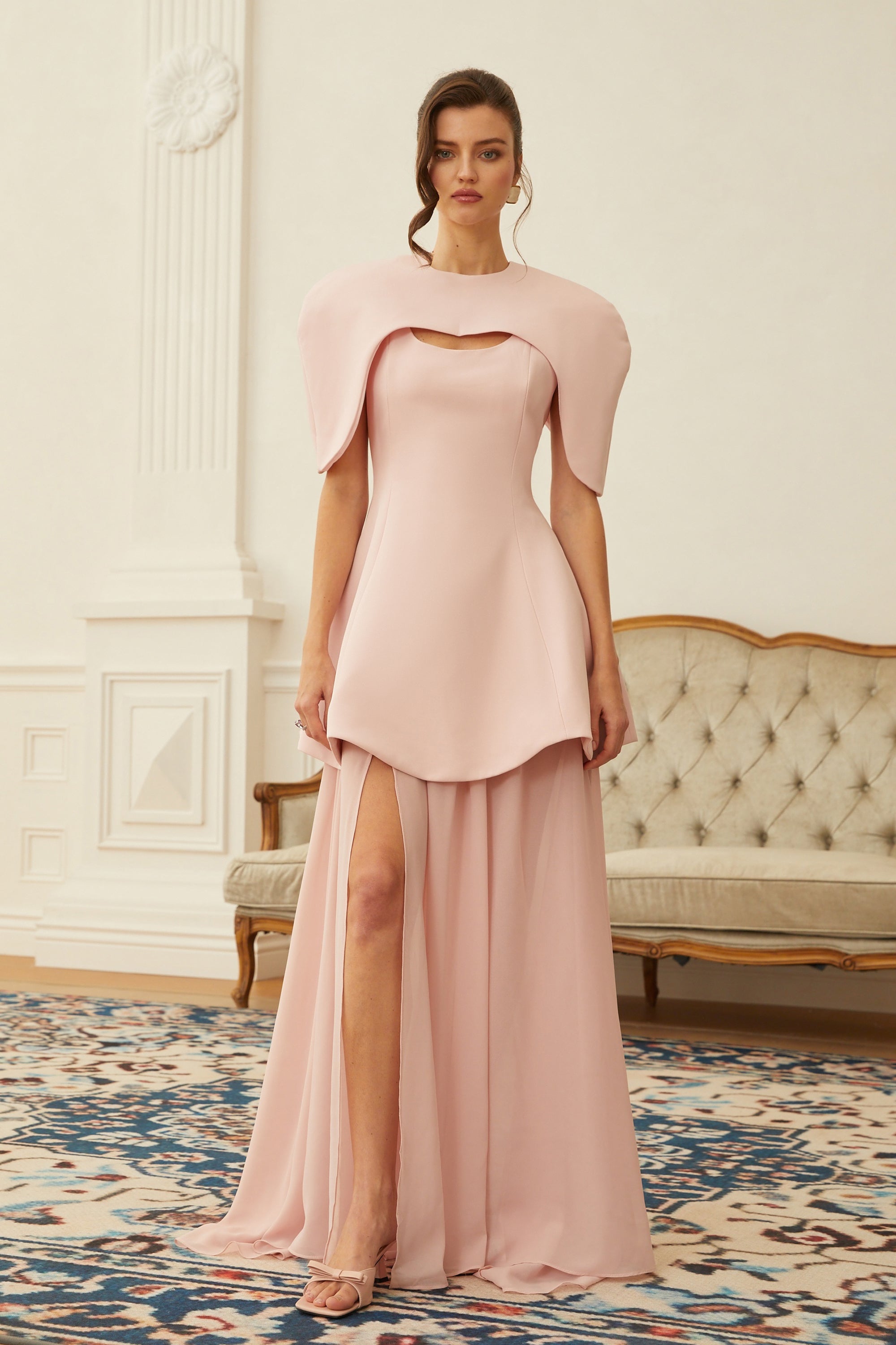 Auriane Pink Layered Cape Sculptural Maxi Dress Set