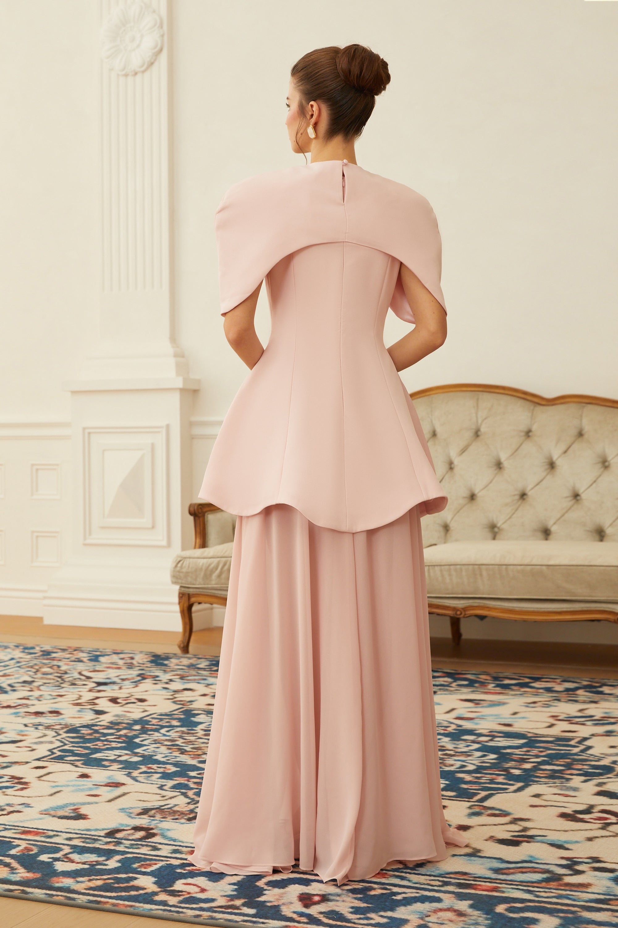 Auriane Pink Layered Cape Sculptural Maxi Dress Set