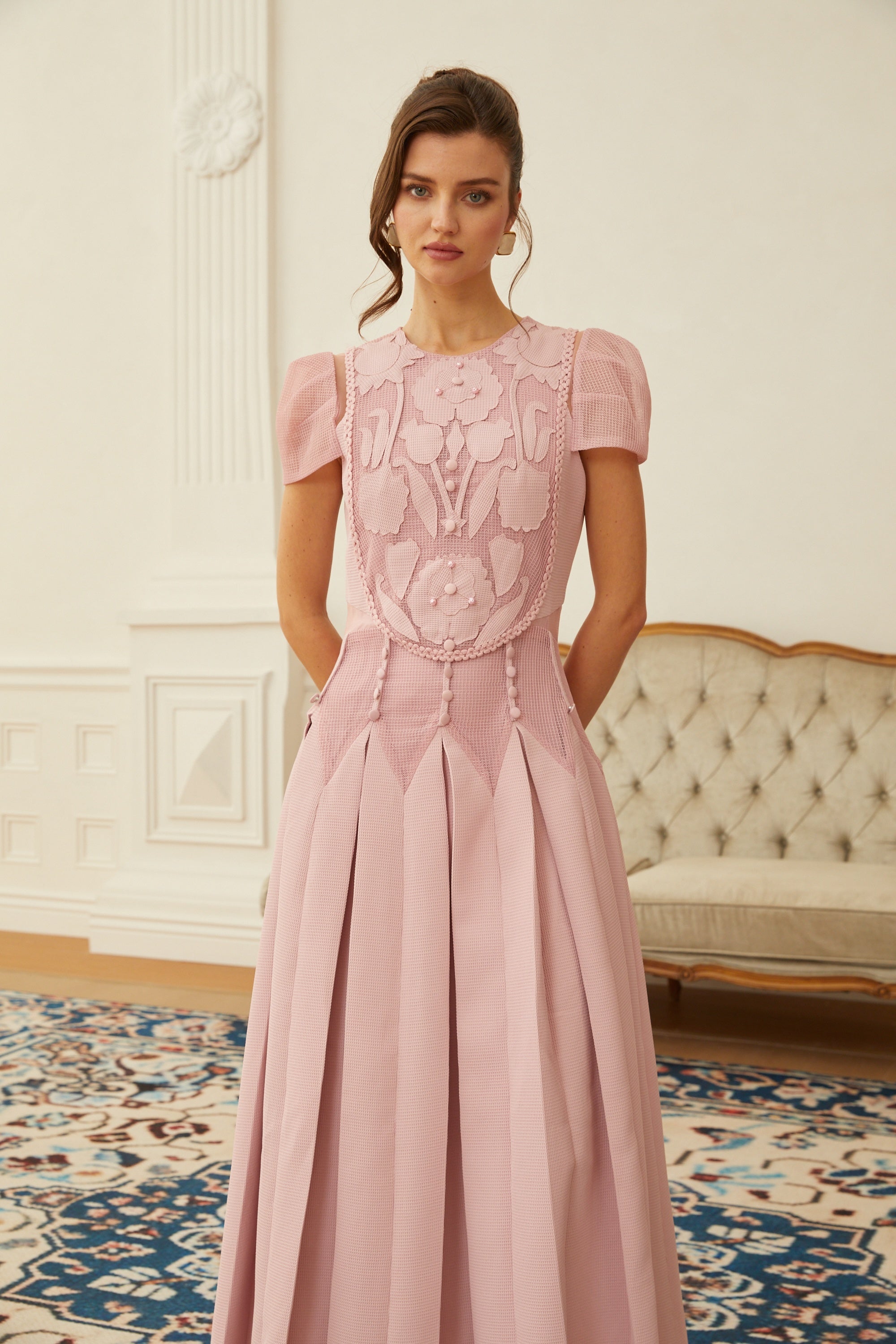 Maelle Pink Flower Embroidered Maxi Dress (Final Sale-US Only)