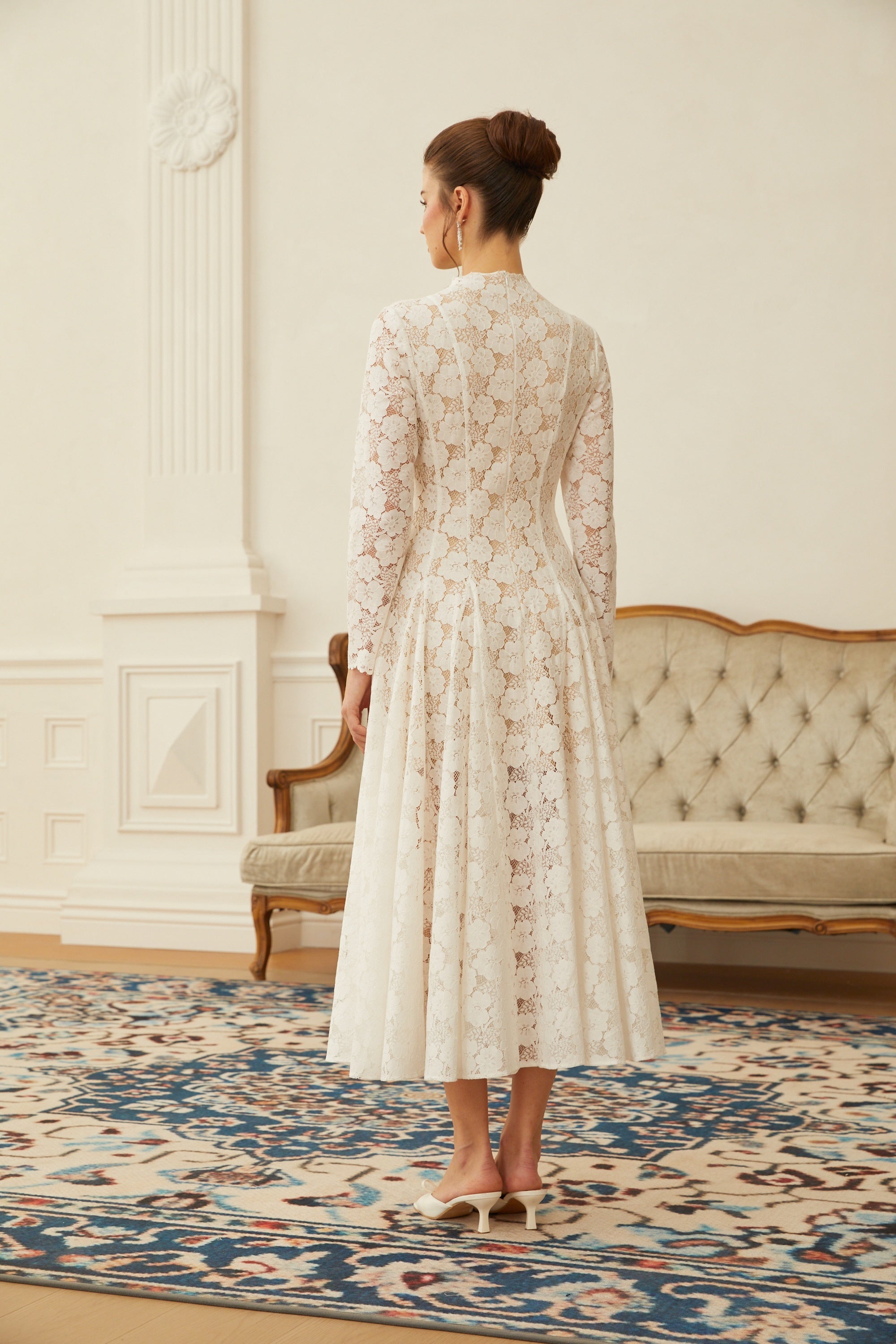 Bronte White Pleated Floral Lace Midi Dress (Final Sale-US Only)