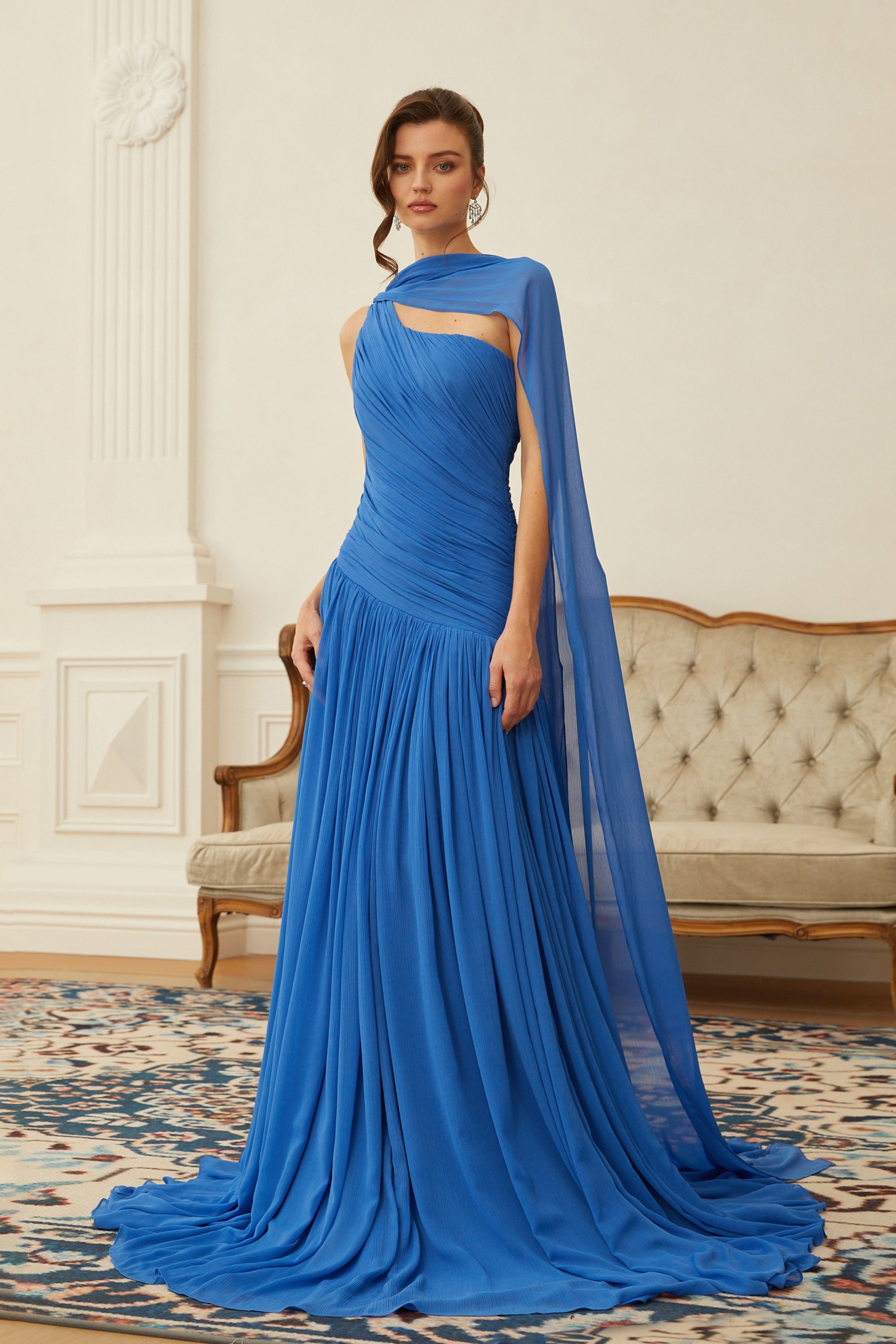 Faustine Blue Cape Design Ruched Maxi Dress (Final Sale-US Only)