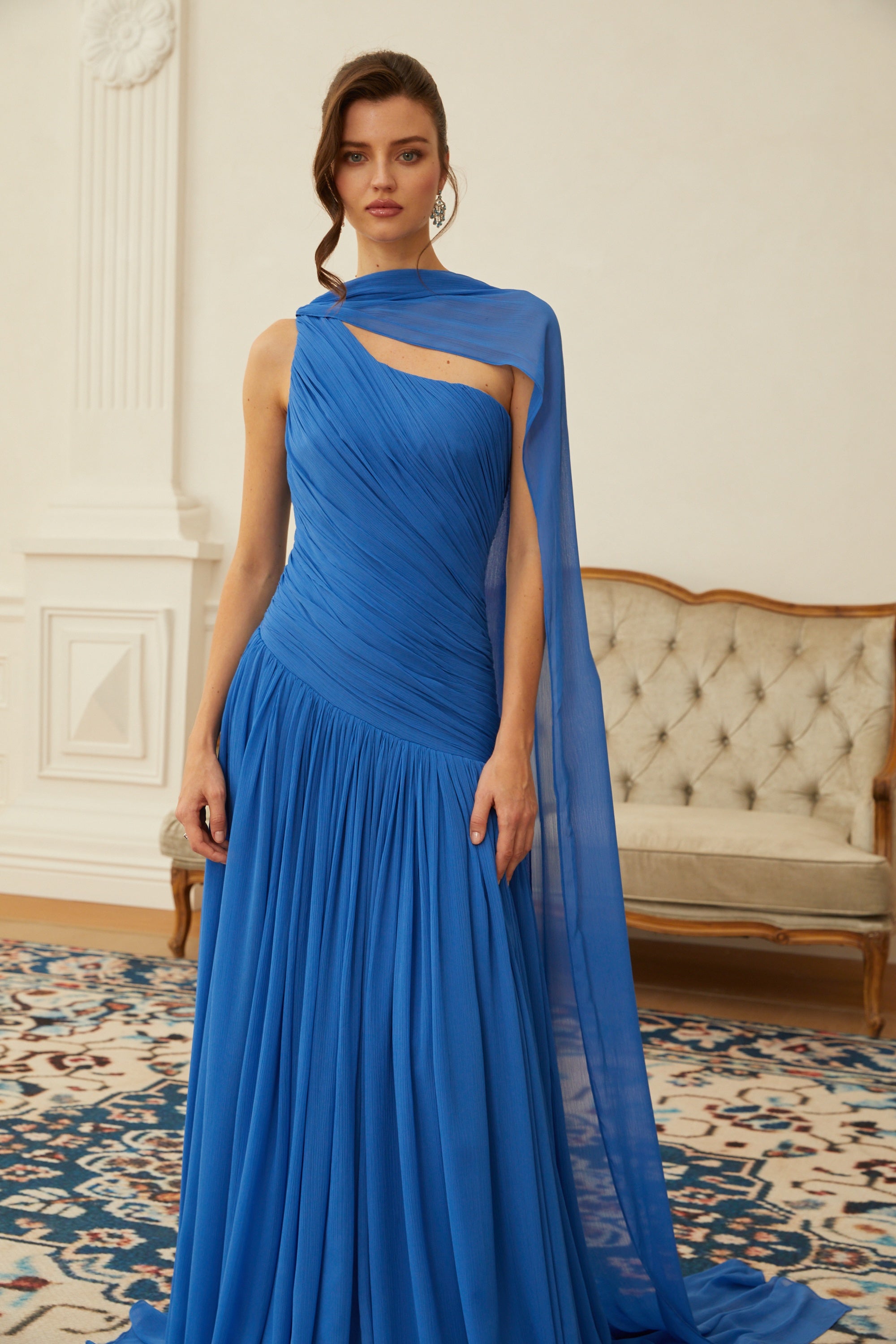 Faustine Blue Cape Design Ruched Maxi Dress (Final Sale-US Only)