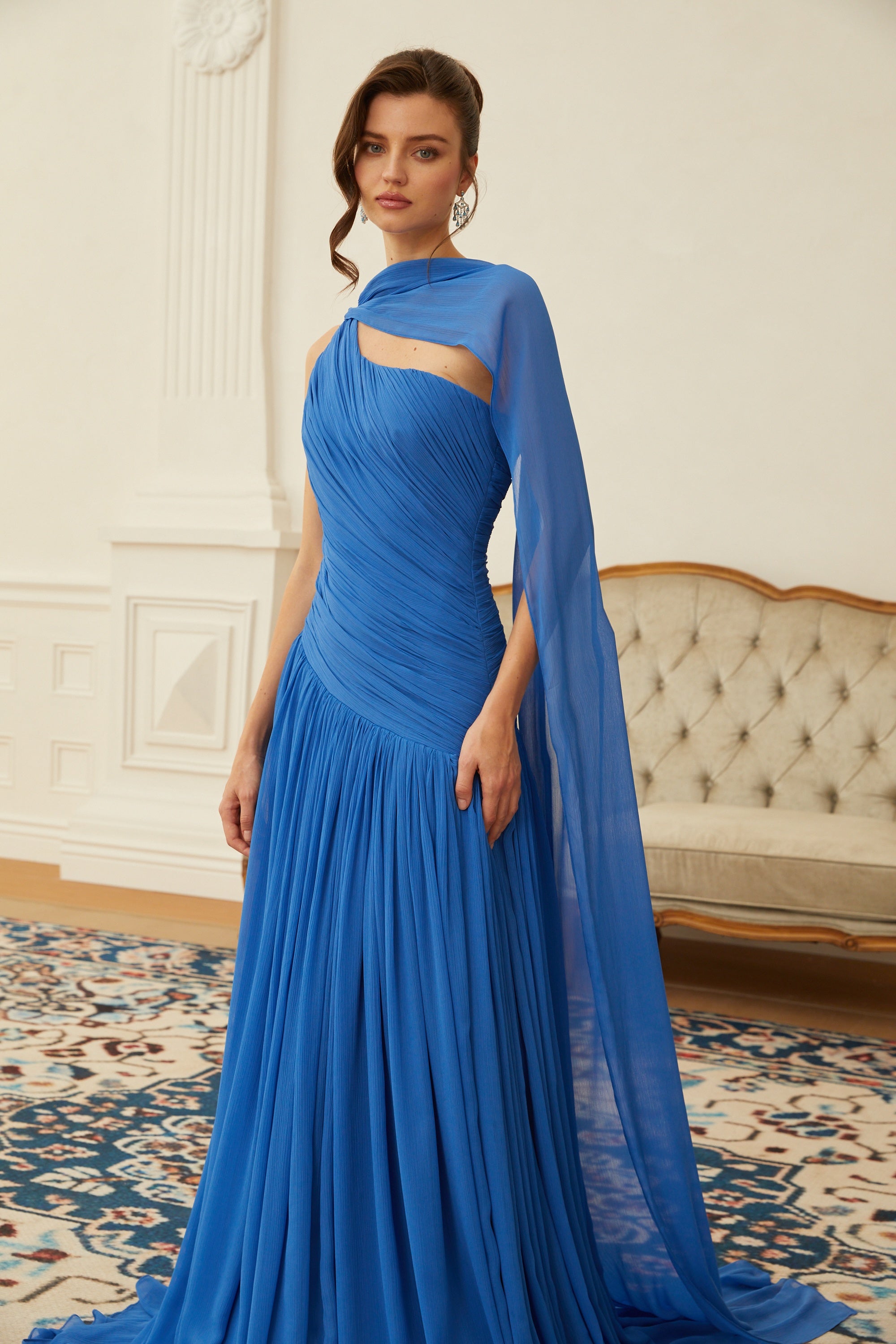 Faustine Blue Cape Design Ruched Maxi Dress (Final Sale-US Only)