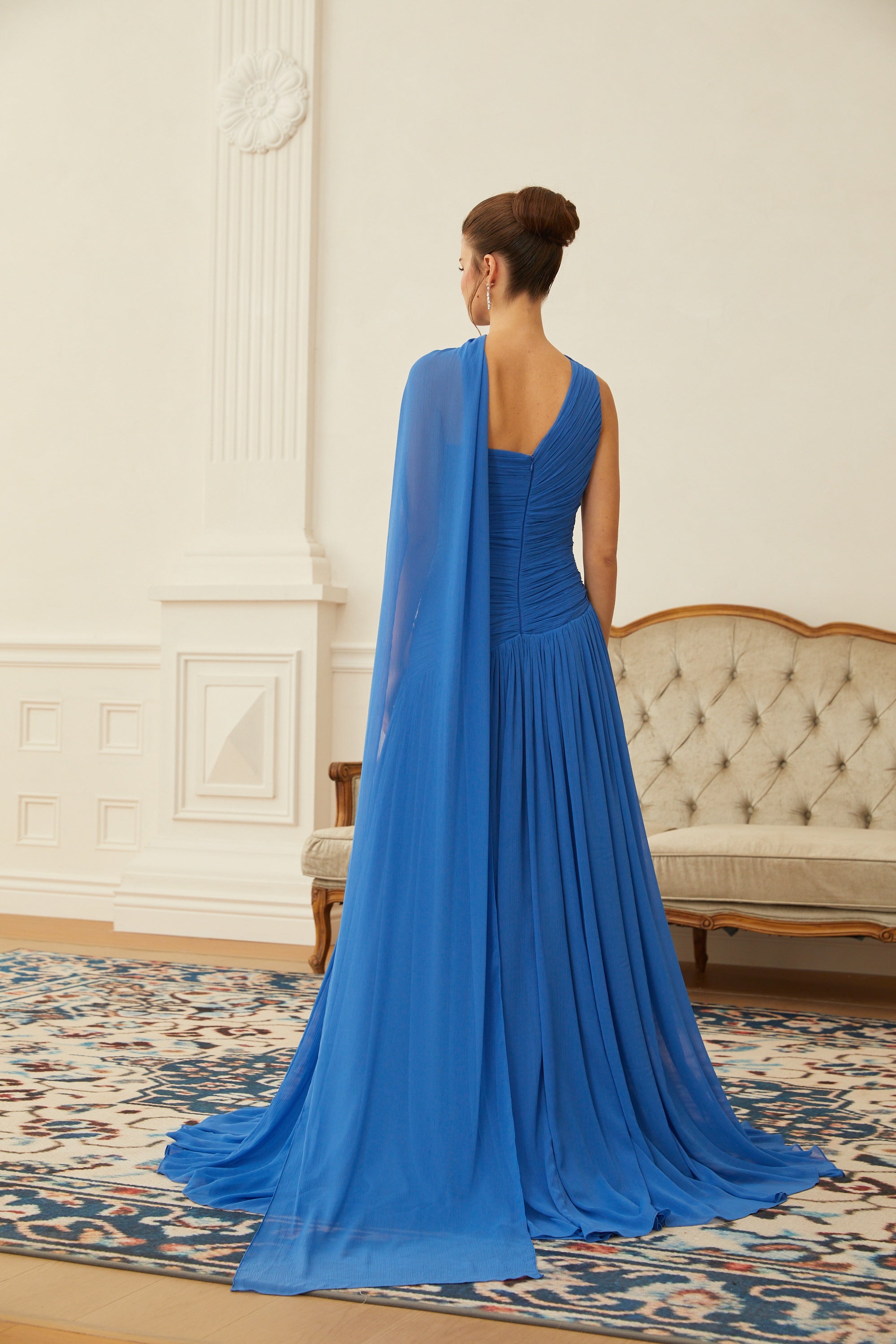 Faustine Blue Cape Design Ruched Maxi Dress