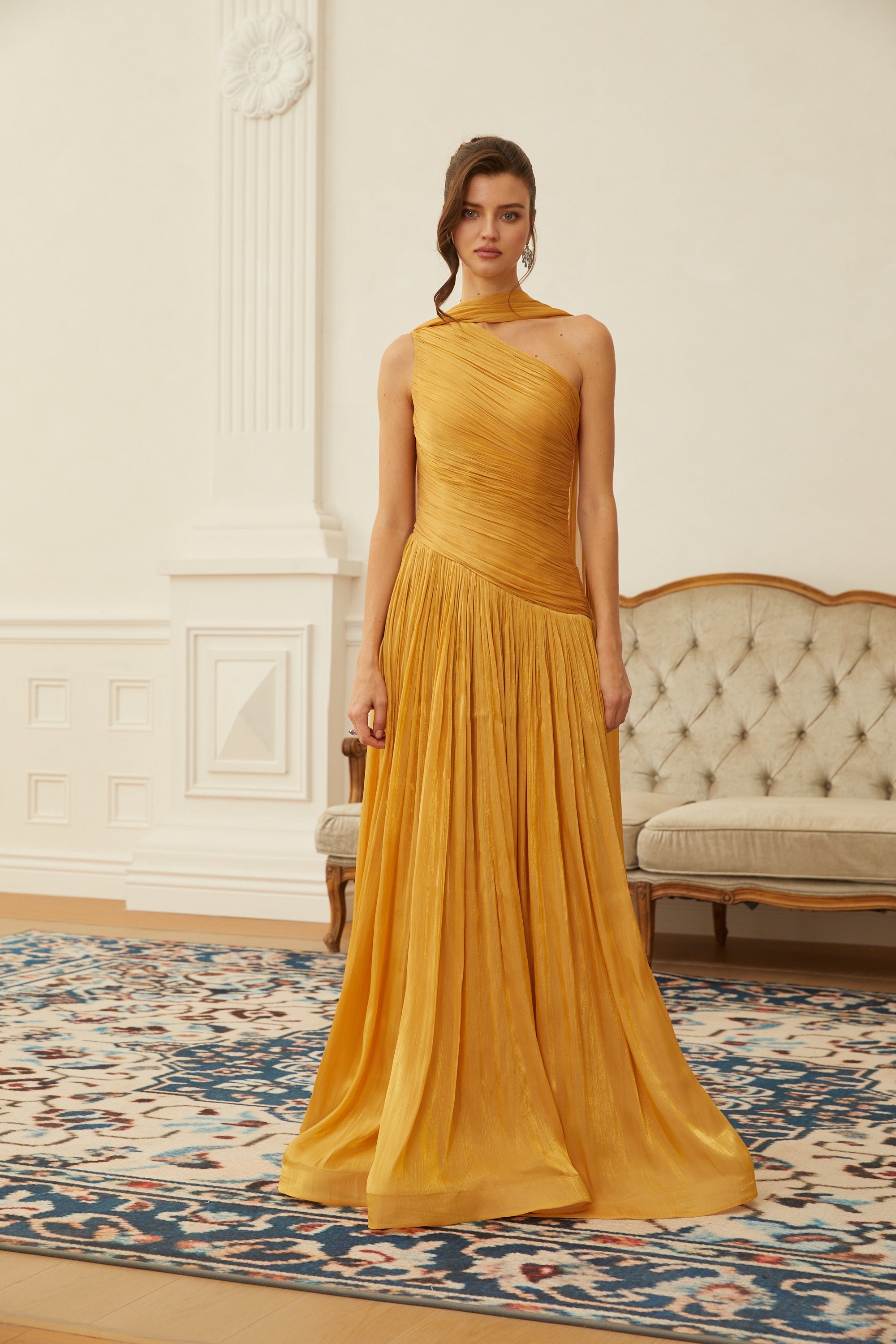 Emerald Gold One Shoulder Ruched Maxi Dress