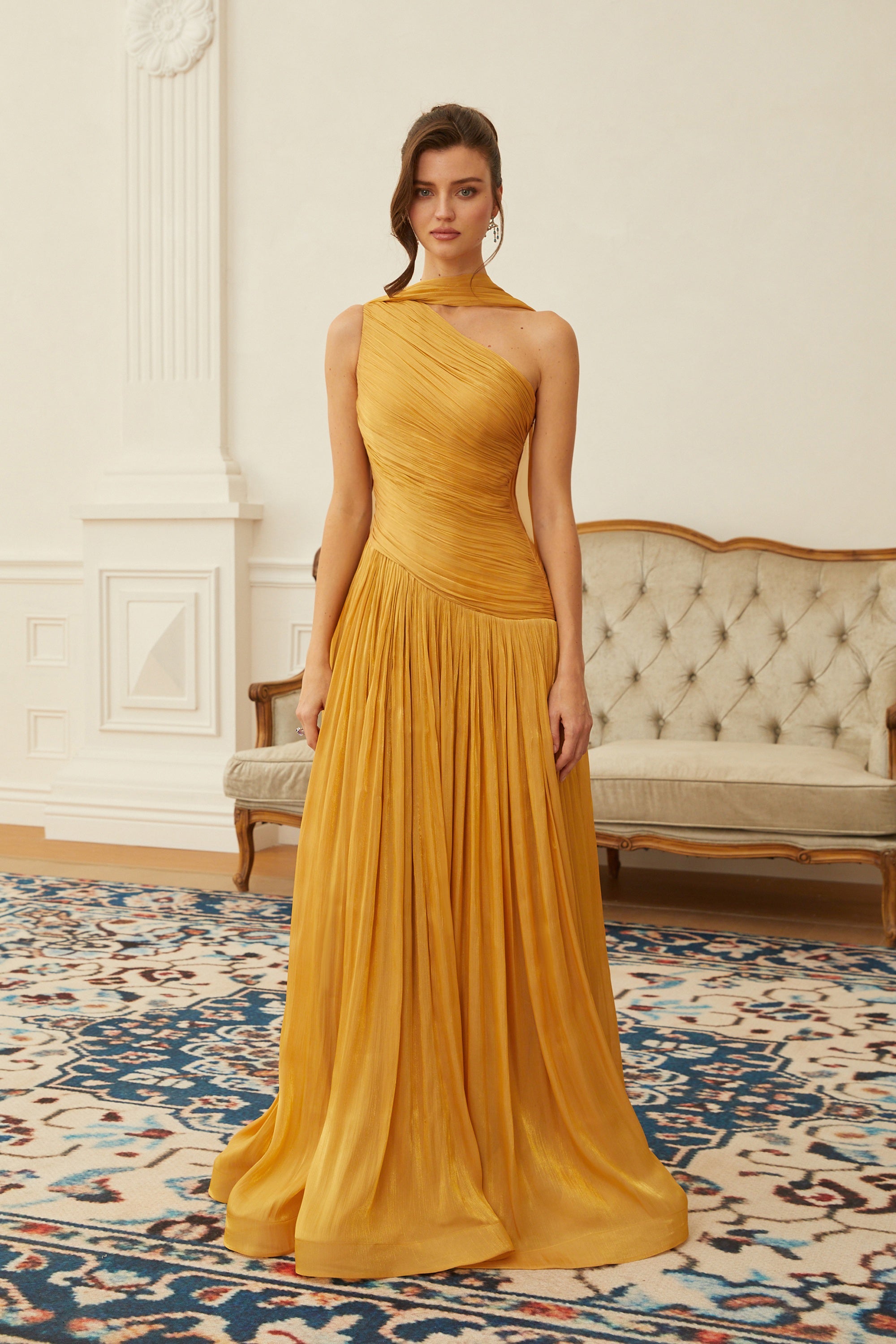 Emerald Gold One Shoulder Ruched Maxi Dress