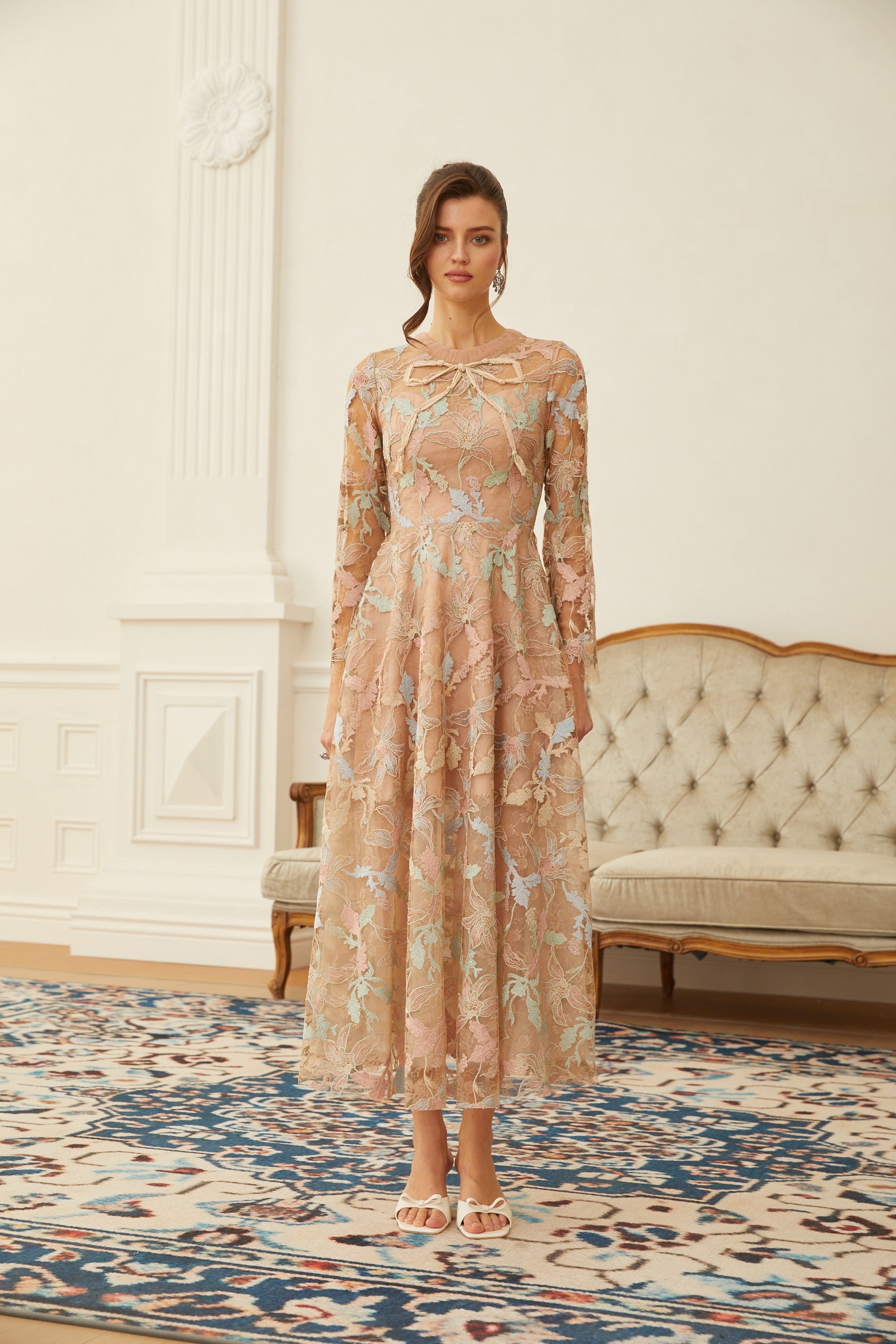 Ragnfrid Neutral Floral Jacquard Lace Midi Dress