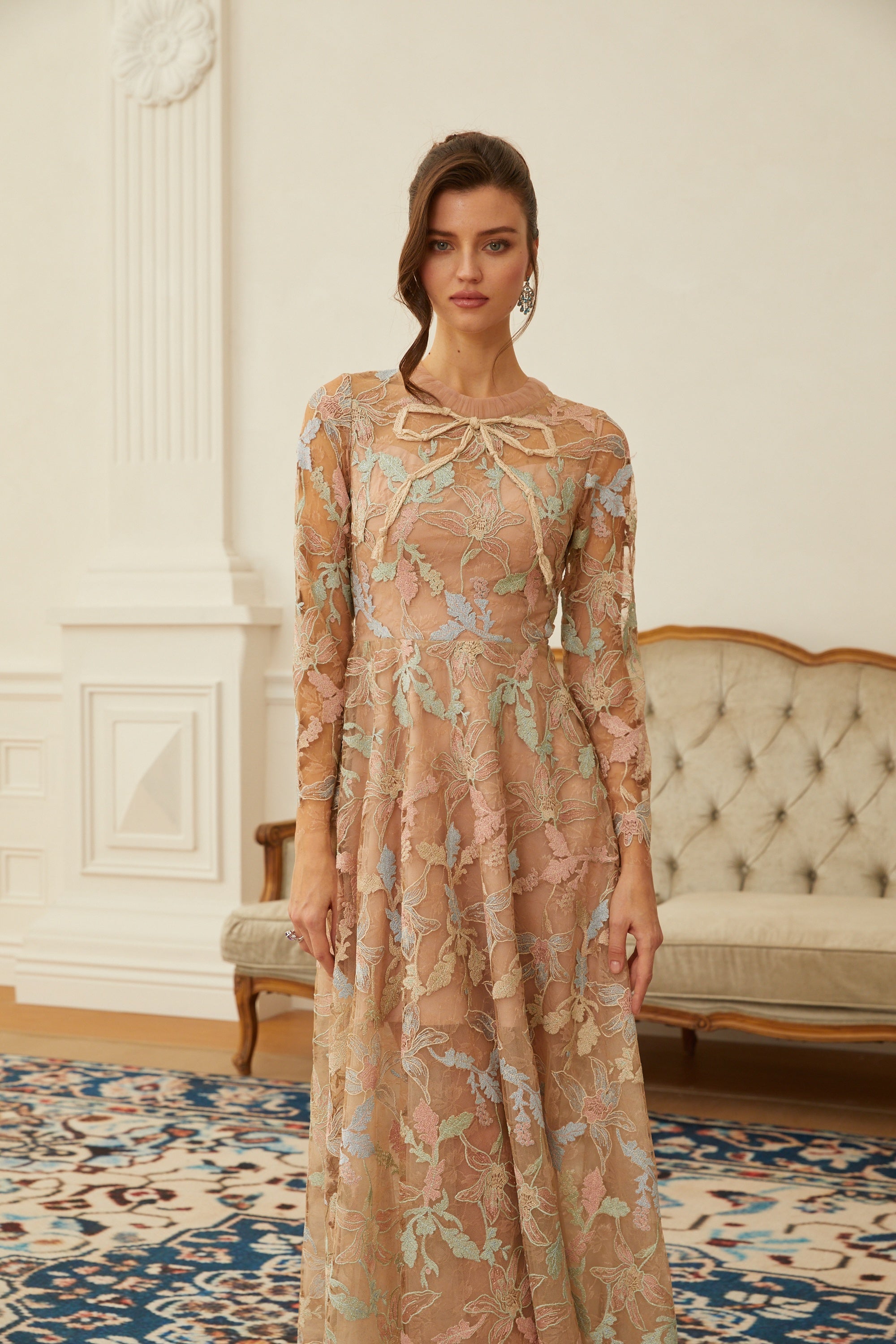 Ragnfrid Neutral Floral Jacquard Lace Midi Dress