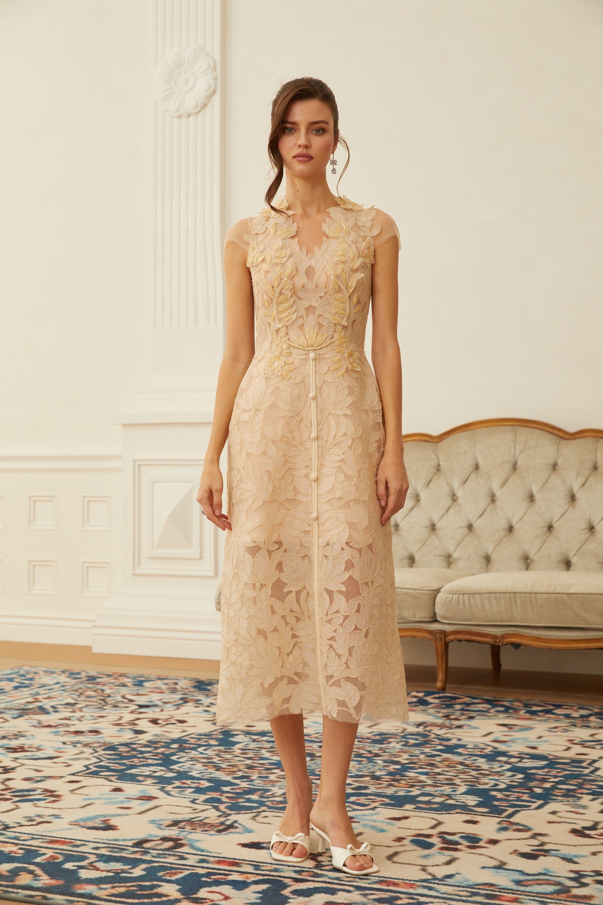 Linnea Nude Floral Applique V-Neck Midi Dress