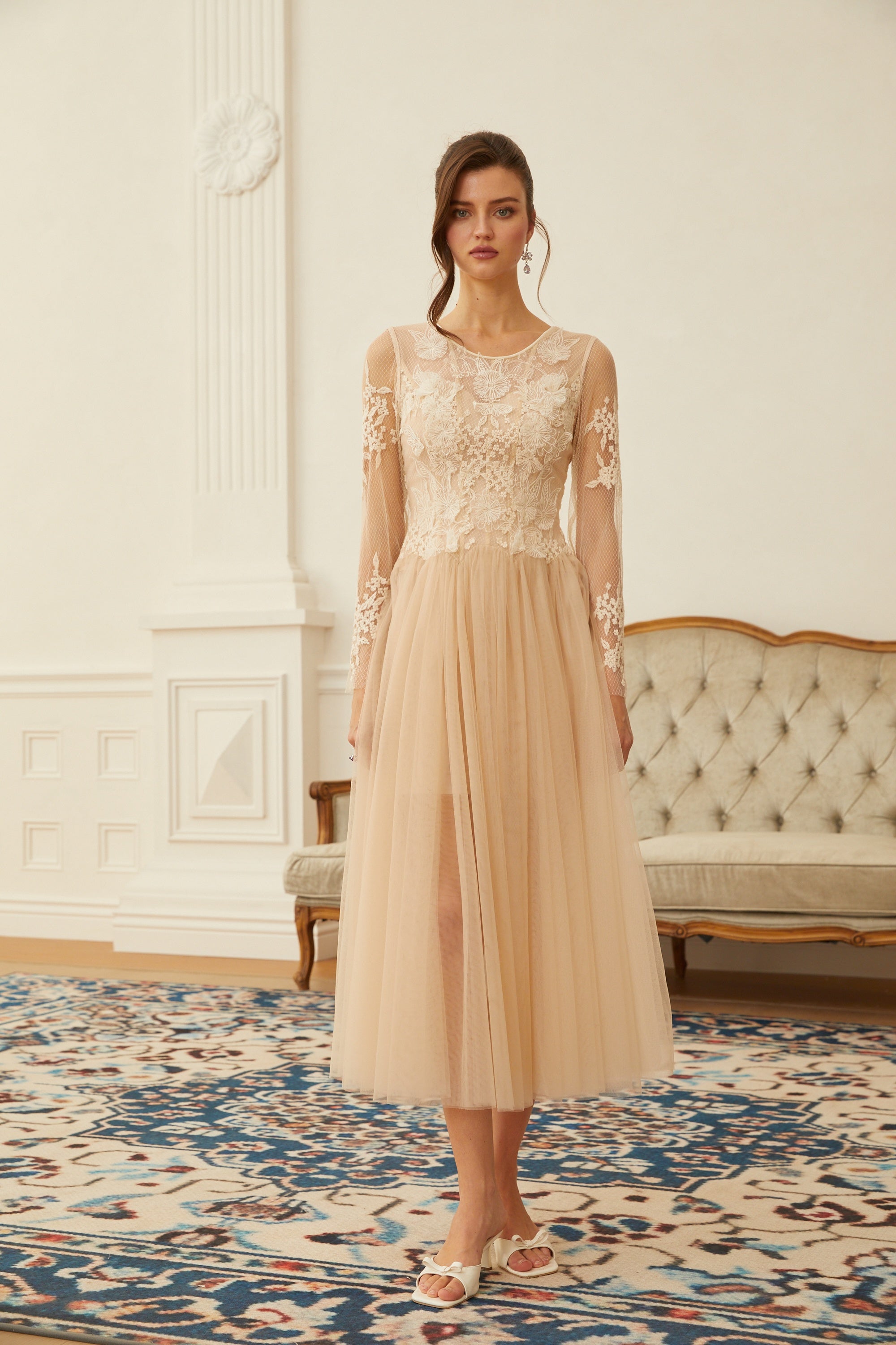 Aviana  Neutral Lace Panel Tulle Midi Dress (Final Sale)