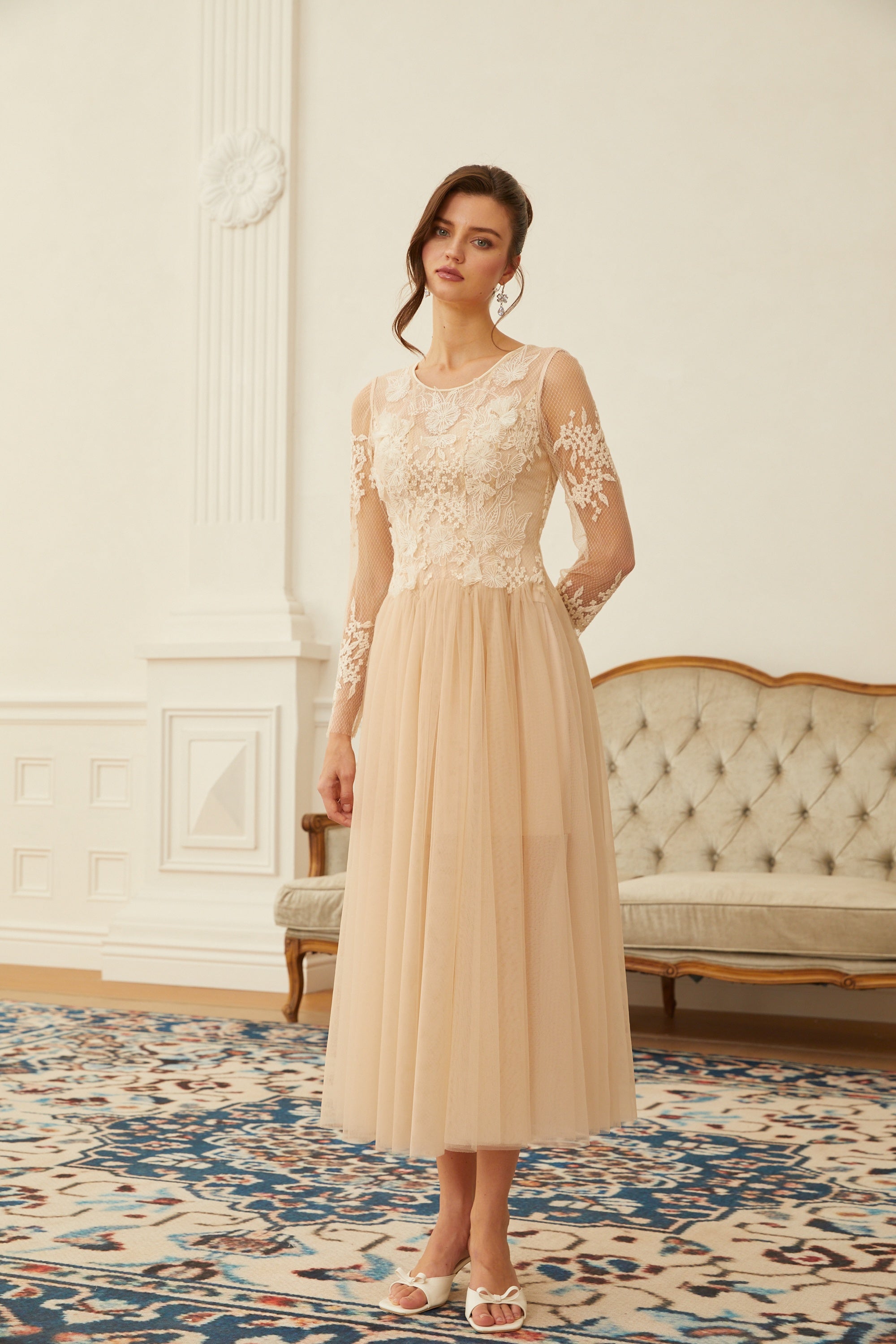 Aviana  Neutral Lace Panel Tulle Midi Dress (Final Sale)