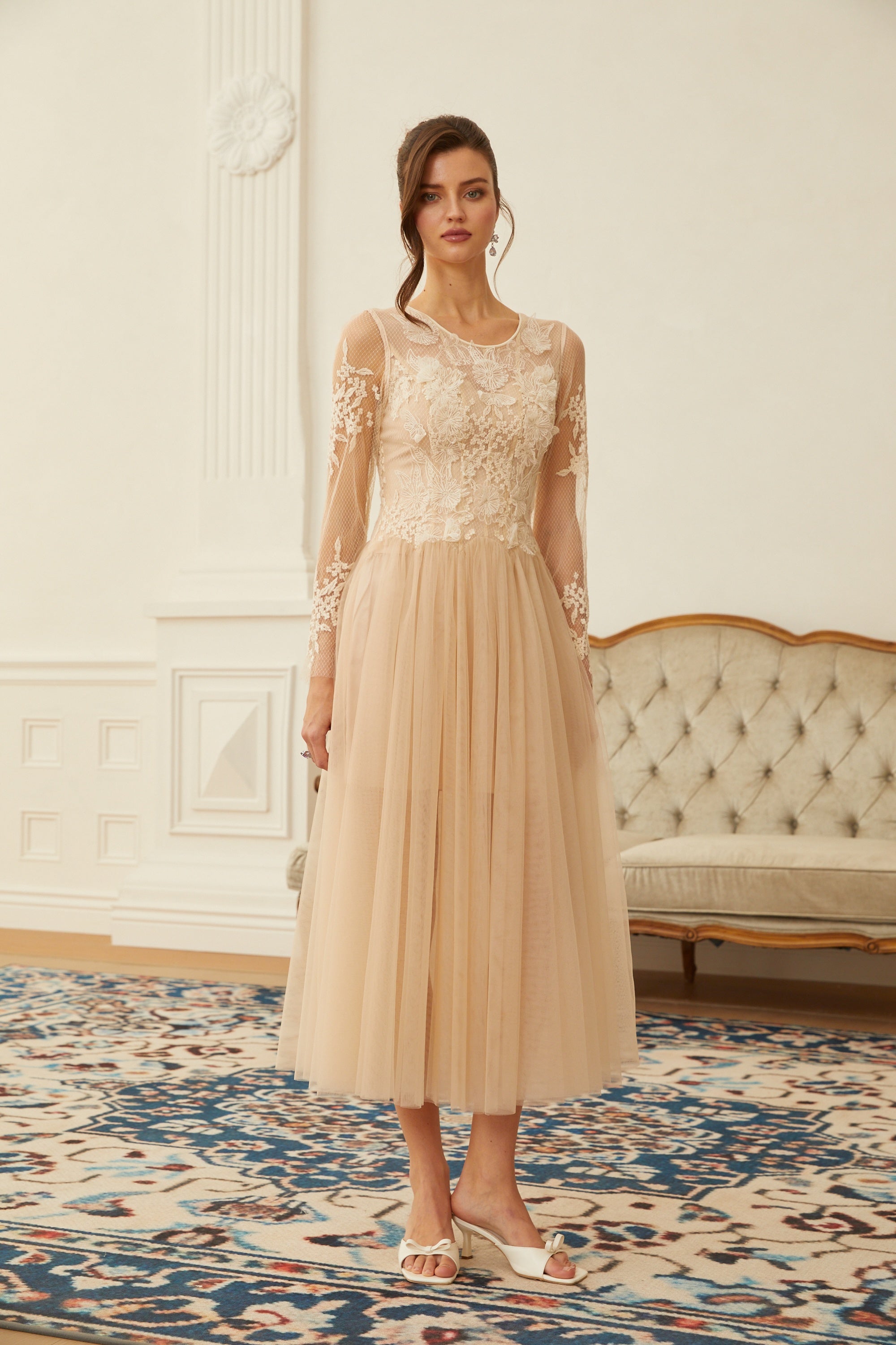 Aviana  Neutral Lace Panel Tulle Midi Dress (Final Sale)