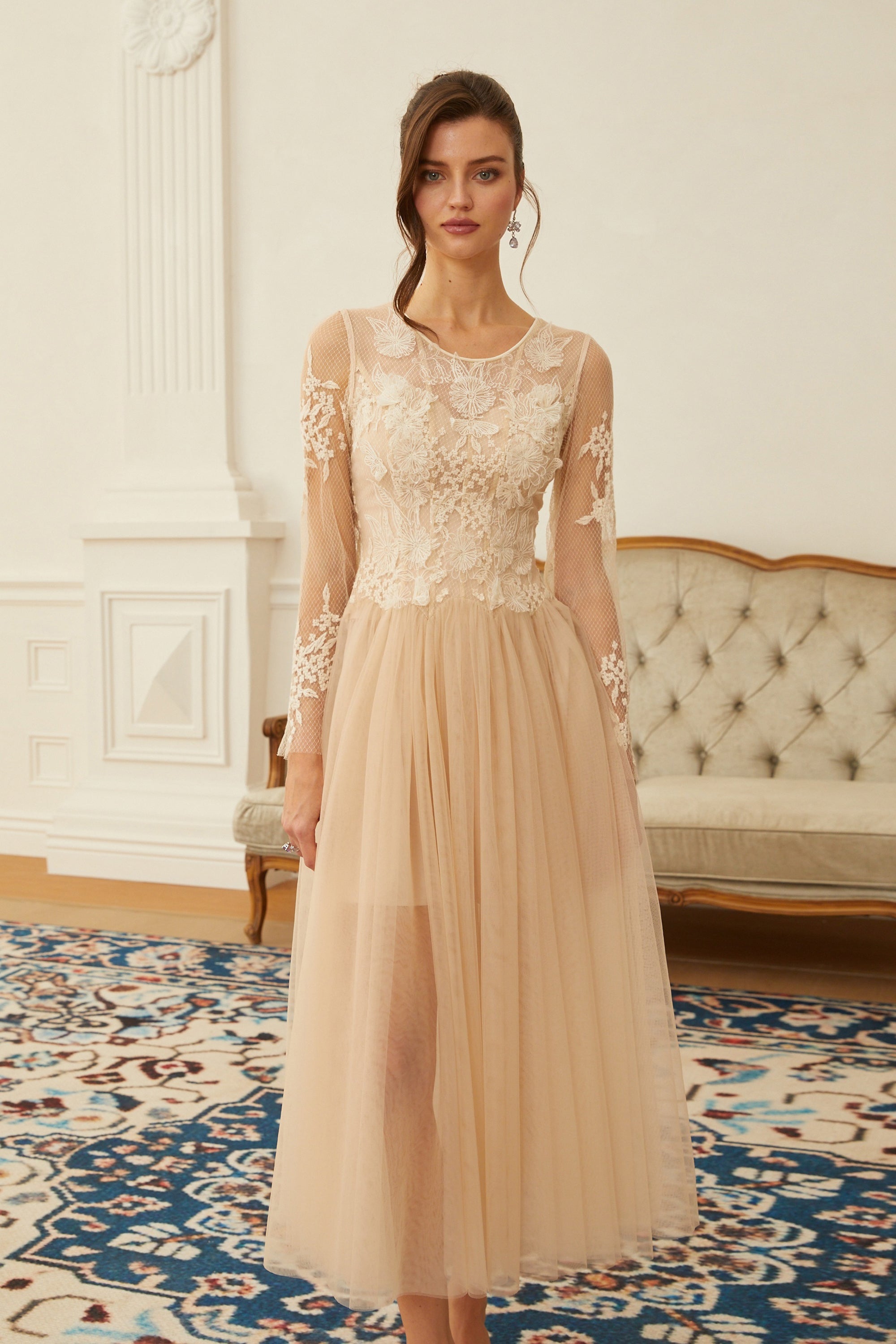 Aviana  Neutral Lace Panel Tulle Midi Dress (Final Sale)