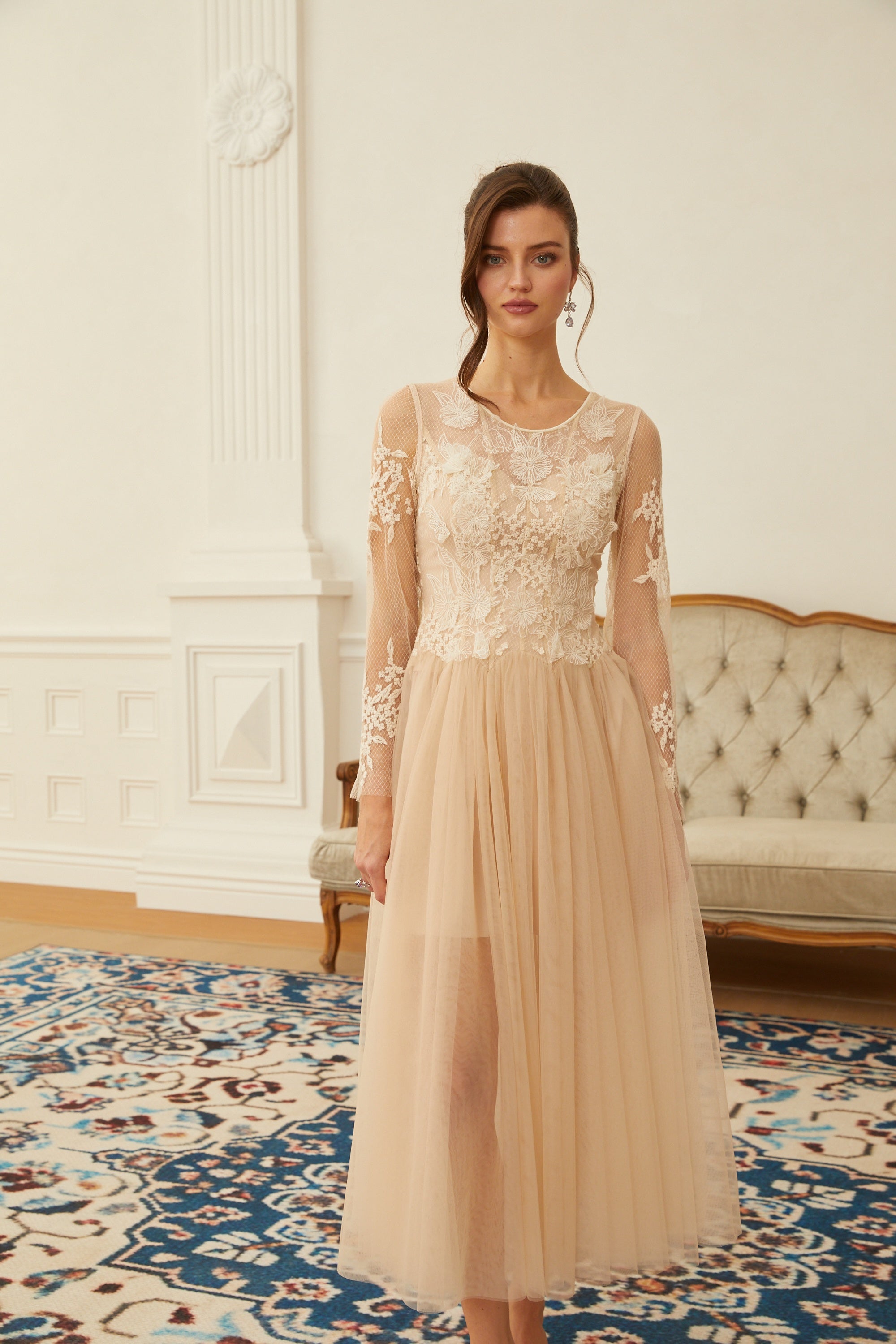 Aviana  Neutral Lace Panel Tulle Midi Dress (Final Sale)