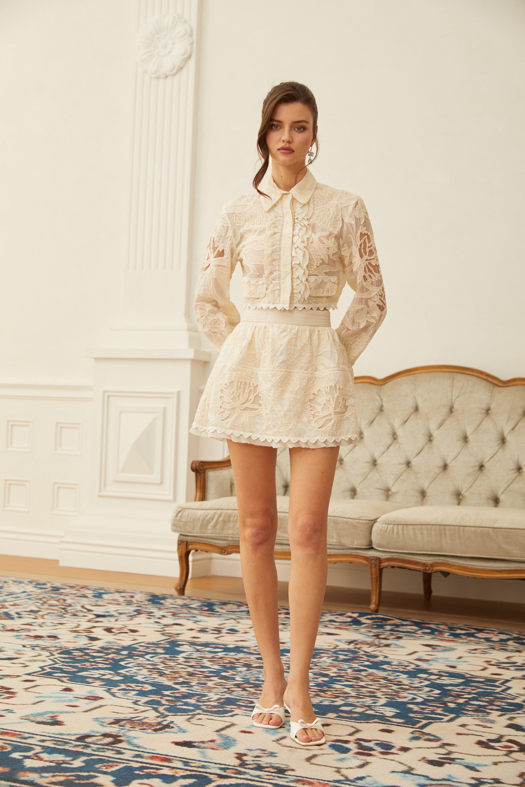 Rhea Neutral Crochet Floral Shirt & Skirt Set