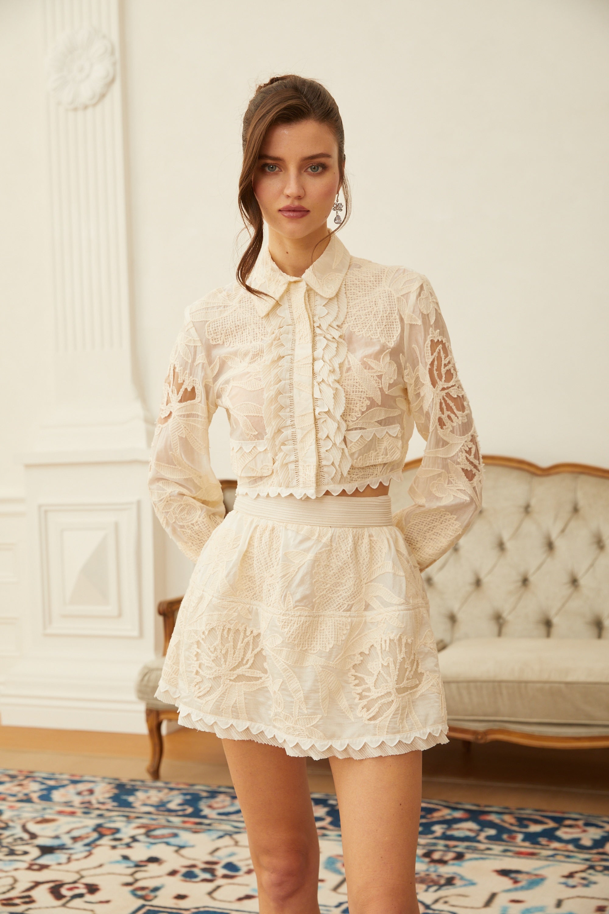 Rhea Neutral Crochet Floral Shirt & Skirt Set (Final Sale-US Only)