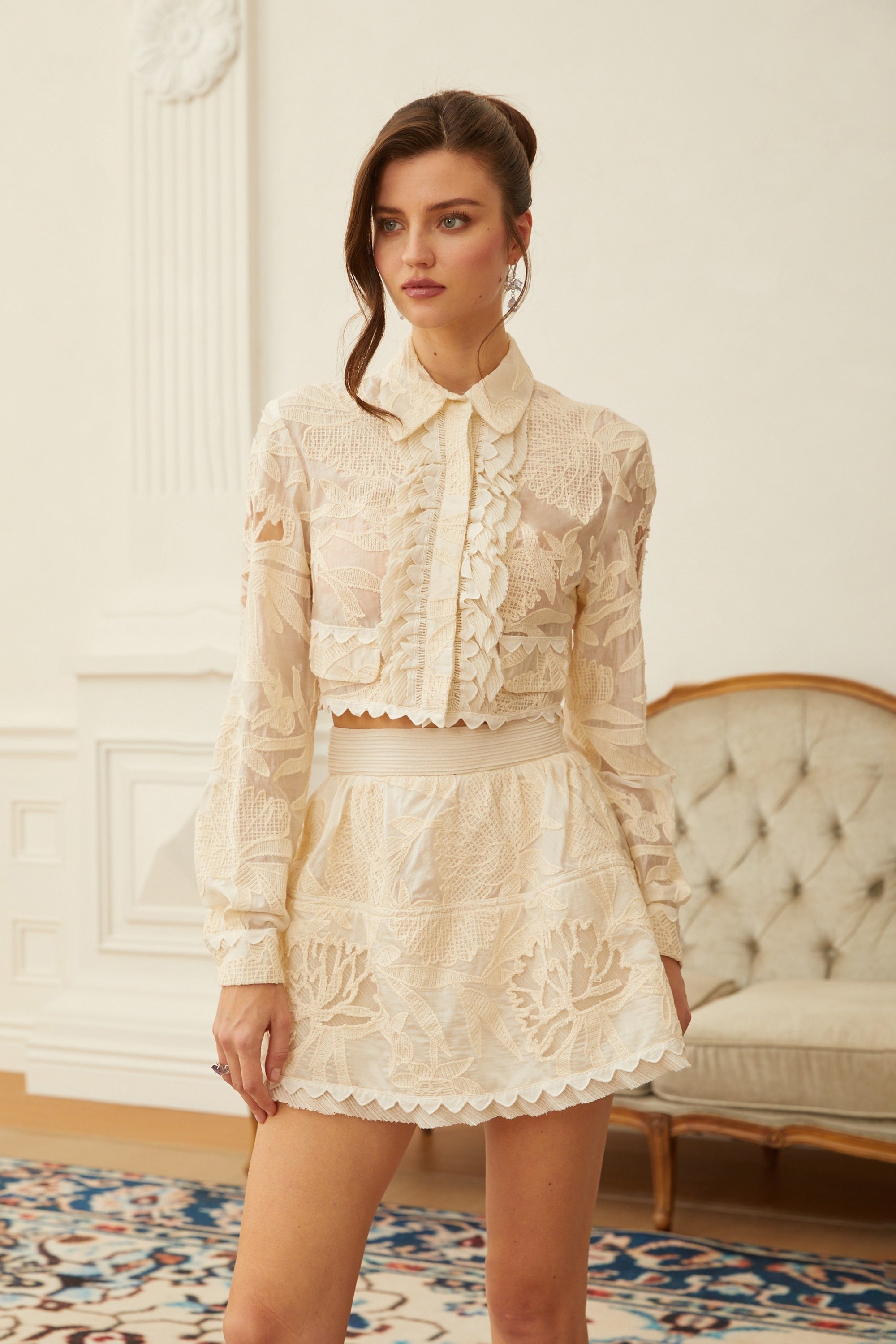 Rhea Neutral Crochet Floral Shirt & Skirt Set (Final Sale-US Only)