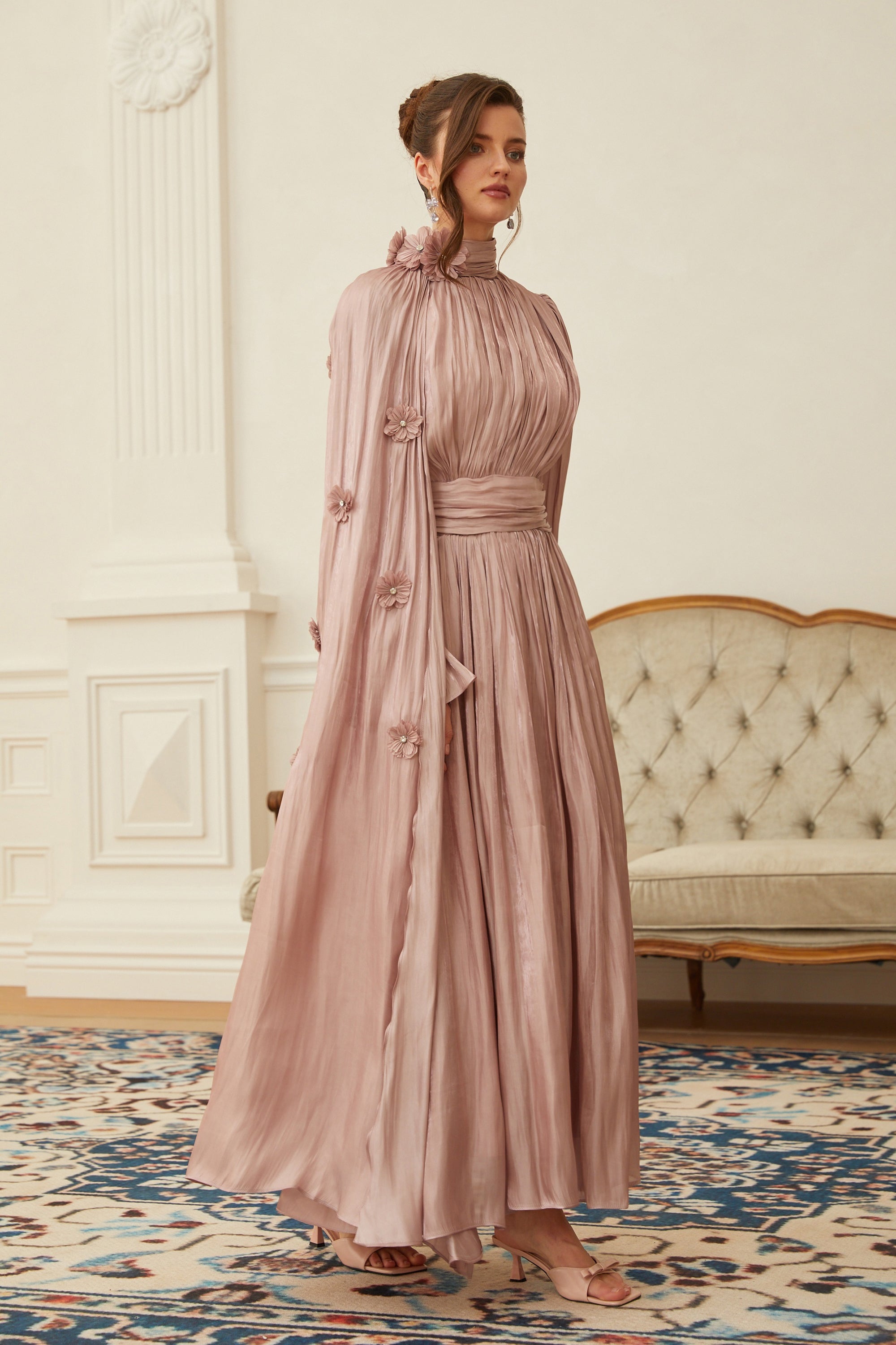 Oaklyn Pink Floral Pleated Cape Maxi Dress