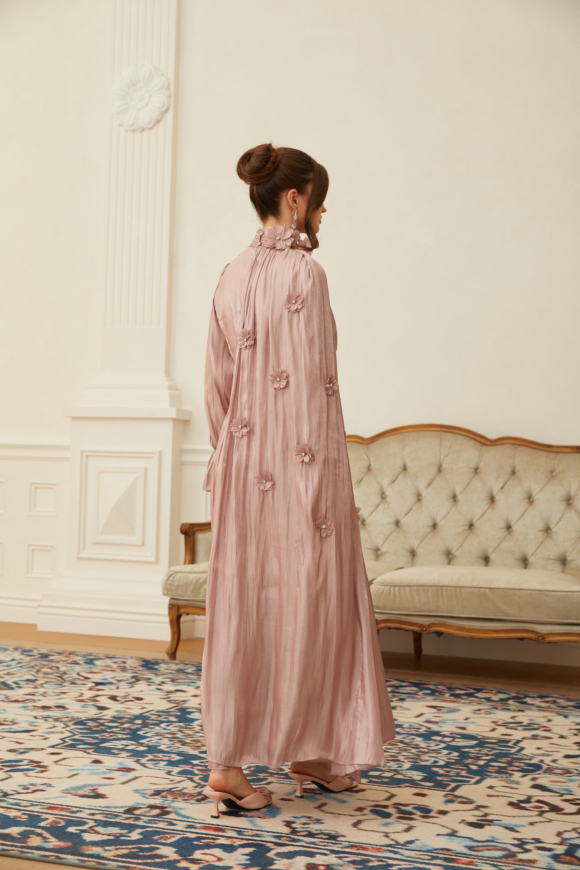 Oaklyn Pink Floral Pleated Cape Maxi Dress