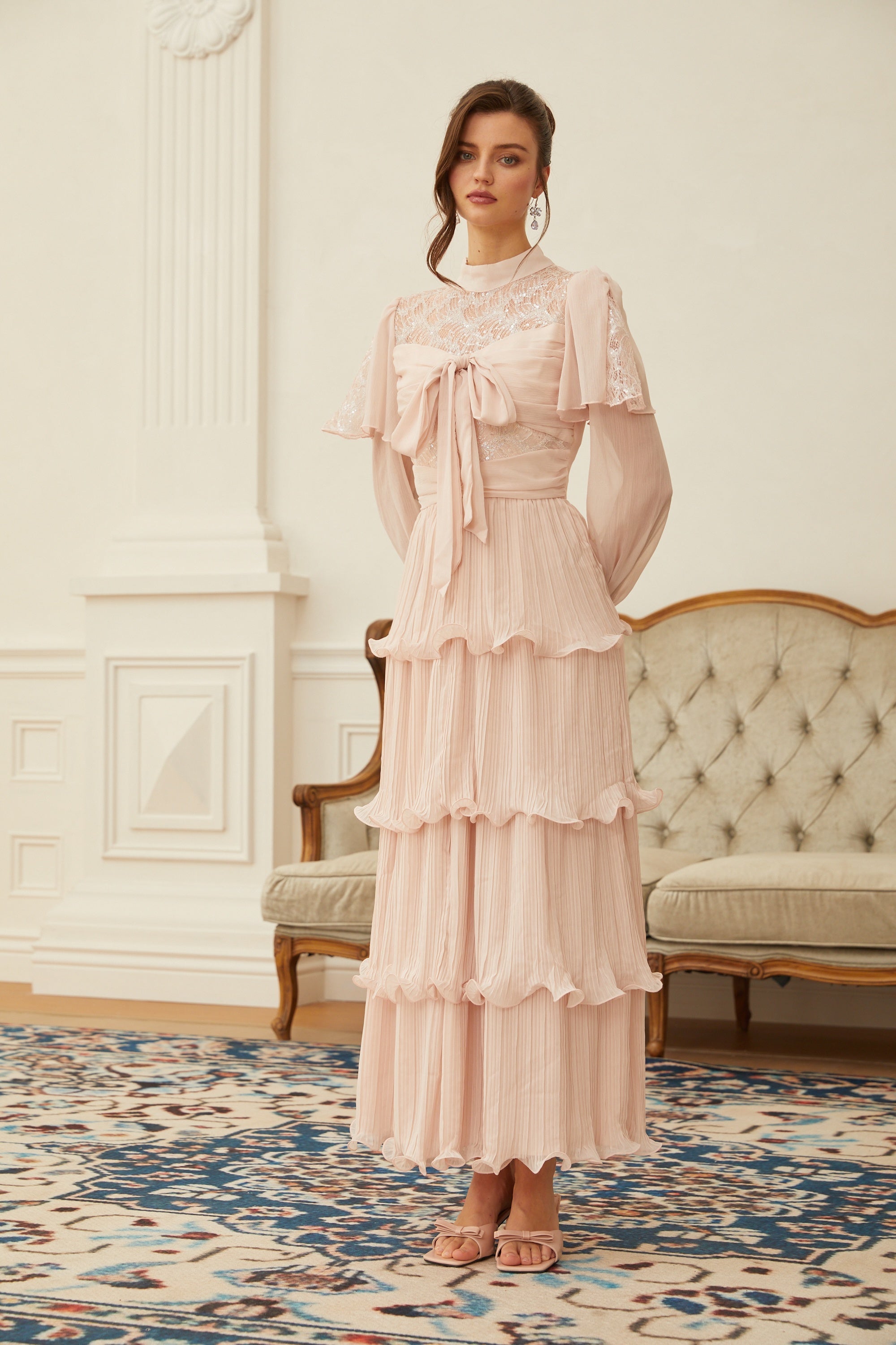 Adelaide Pink Lace Panel Tiered Maxi Dress (Final Sale-US Only)