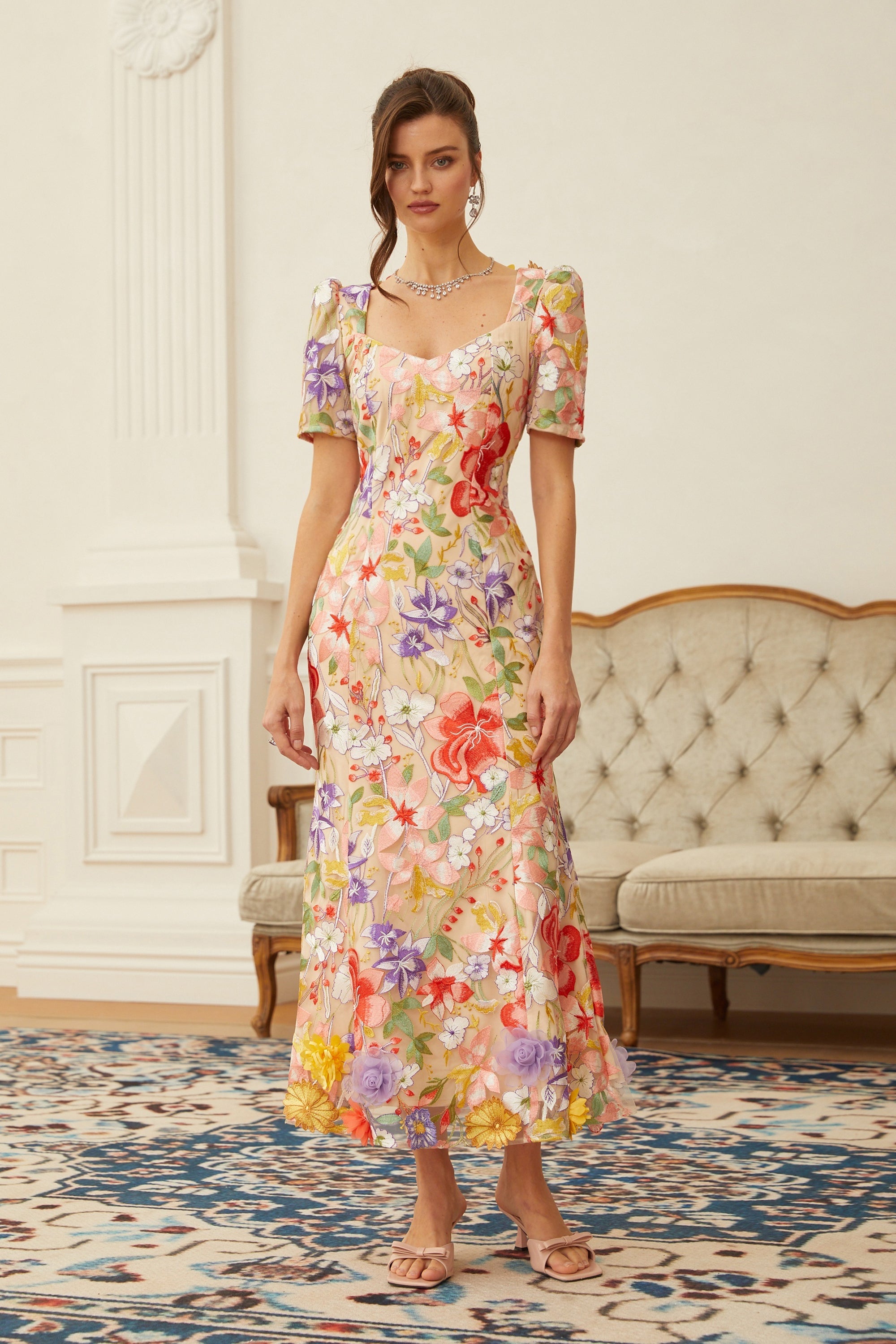 Darcy Neutral Floral Embroidered Tulle Midi Dress