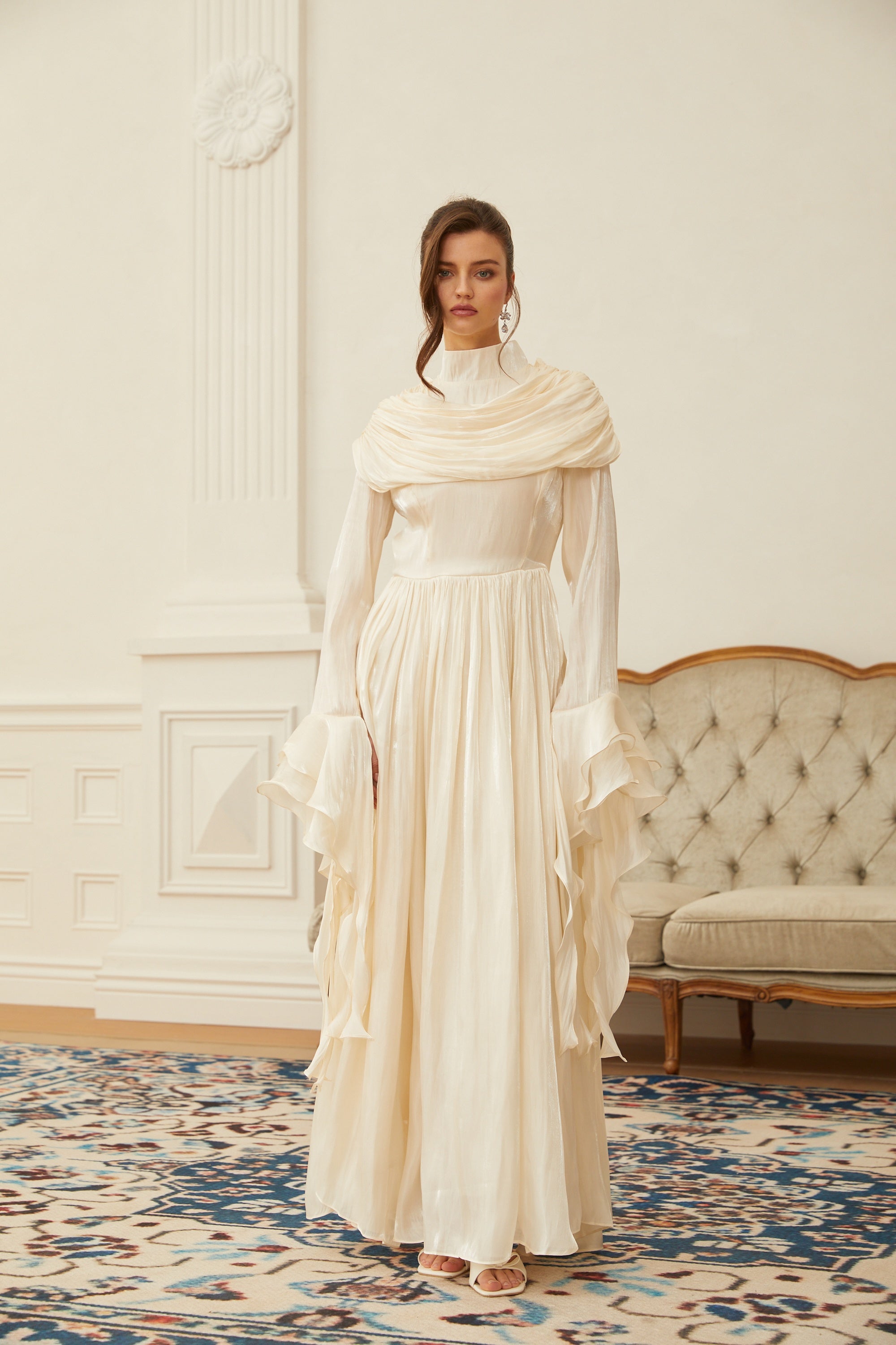 Danuta Neutral Ruched Pleated Maxi Dress