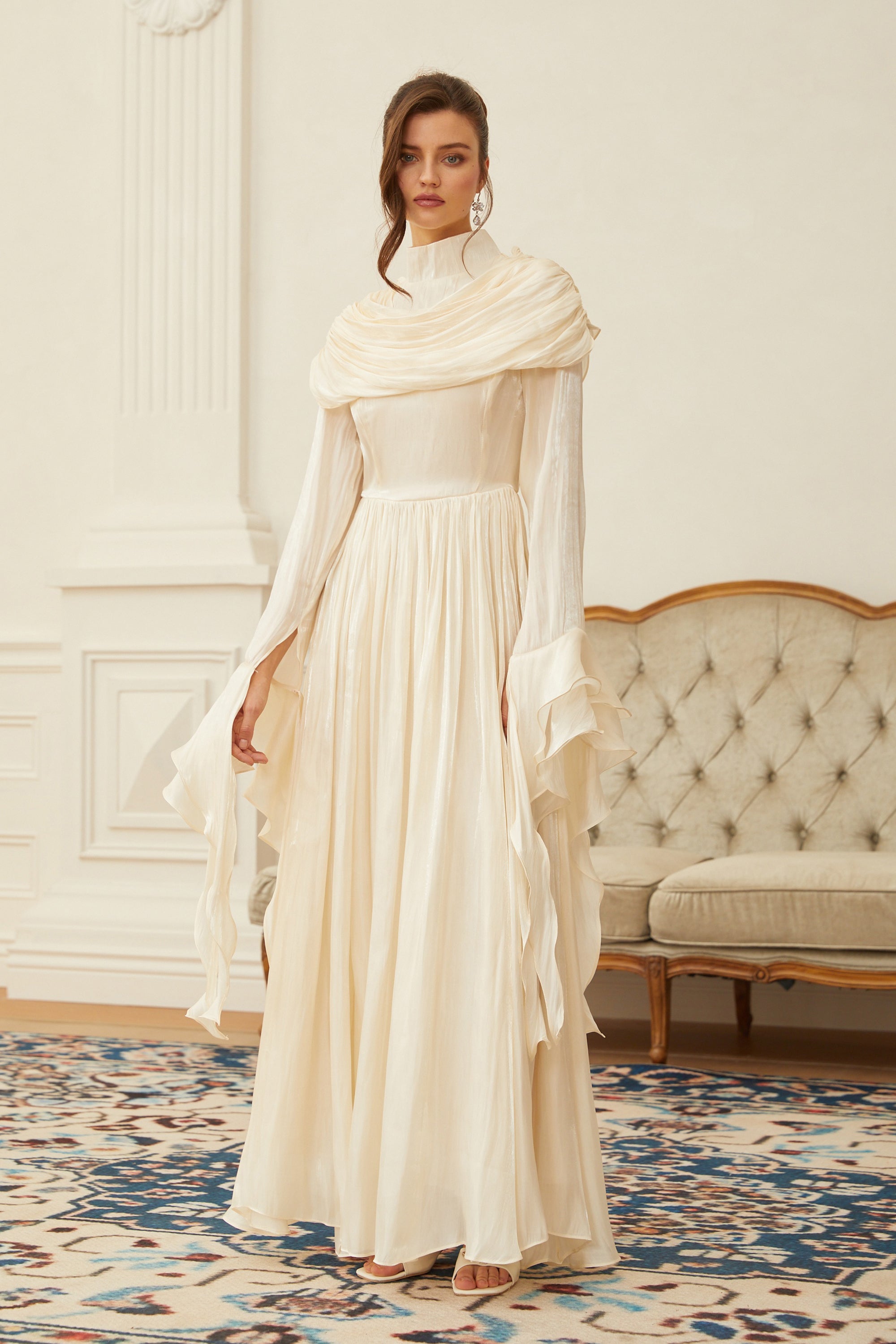 Danuta Neutral Ruched Pleated Maxi Dress (Final Sale-US Only)