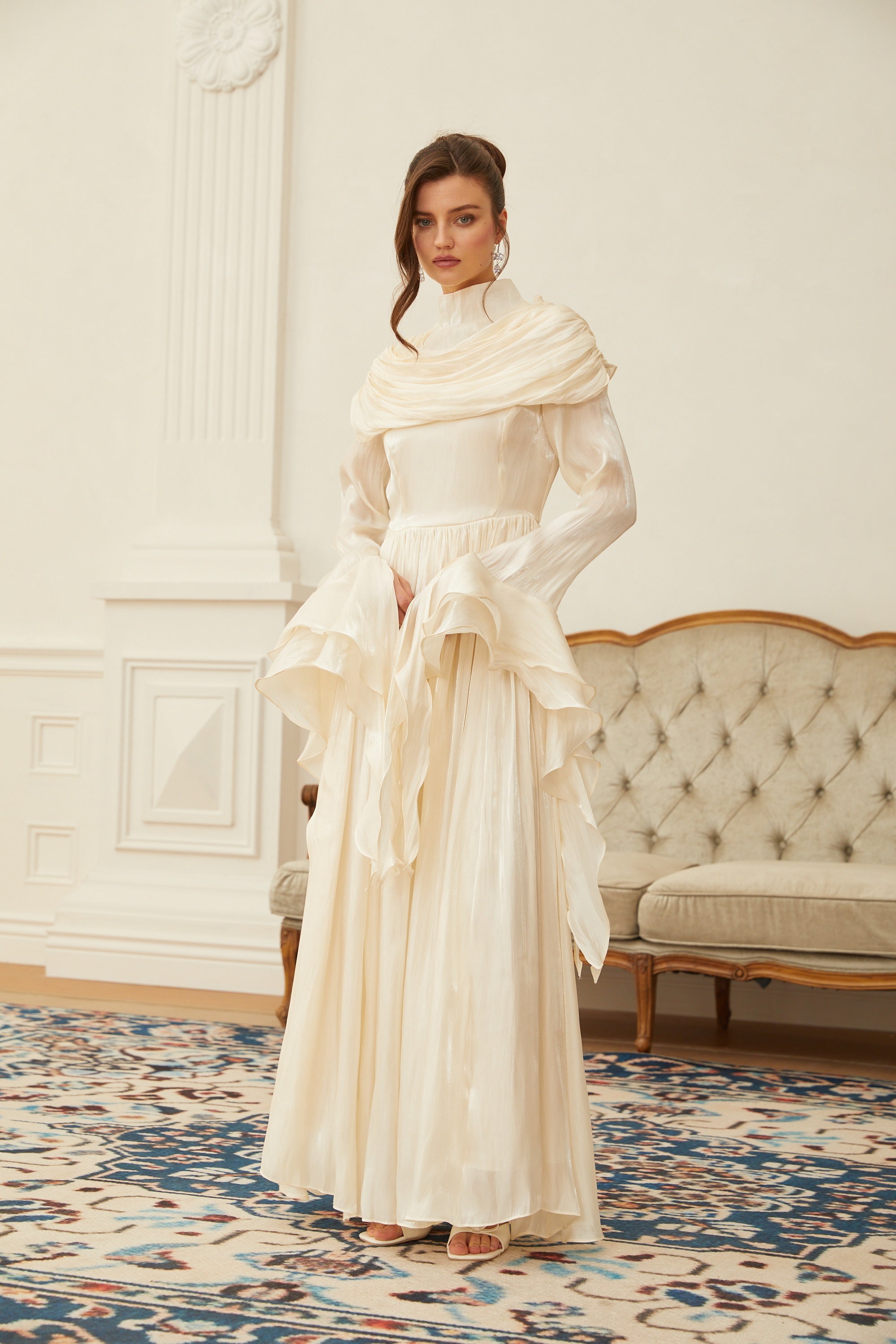 Danuta Neutral Ruched Pleated Maxi Dress (Final Sale-US Only)