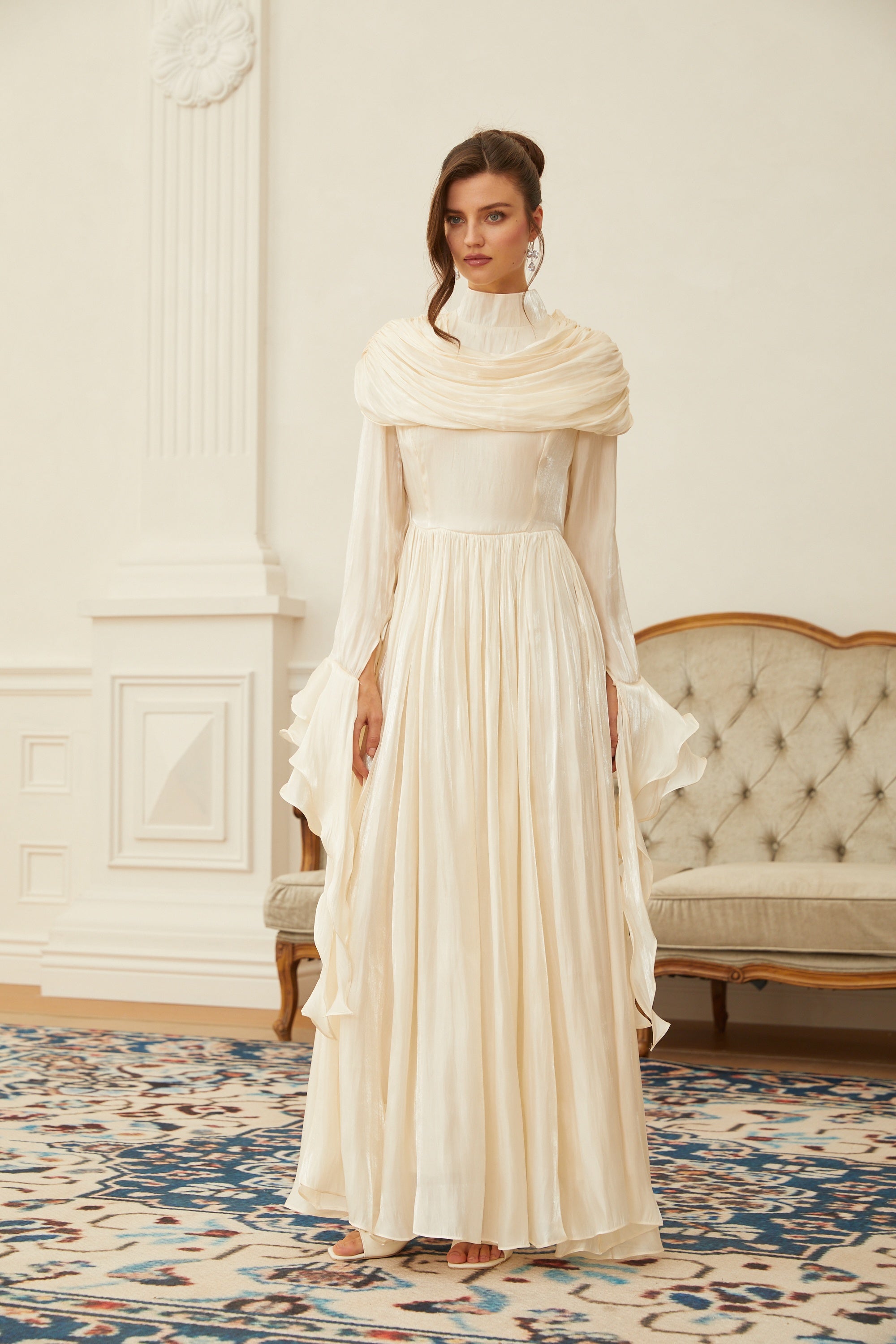 Danuta Neutral Ruched Pleated Maxi Dress