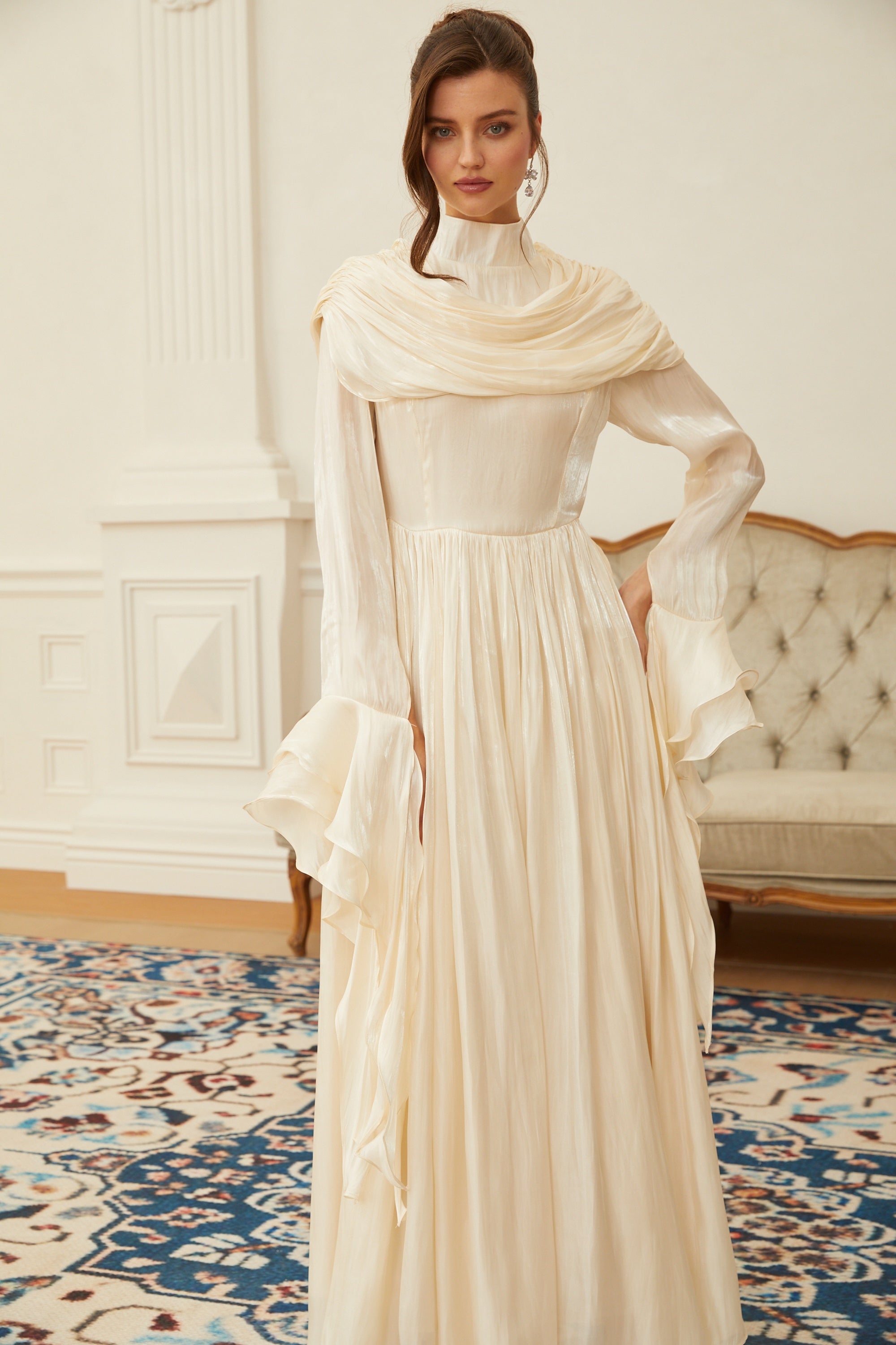 Danuta Neutral Ruched Pleated Maxi Dress