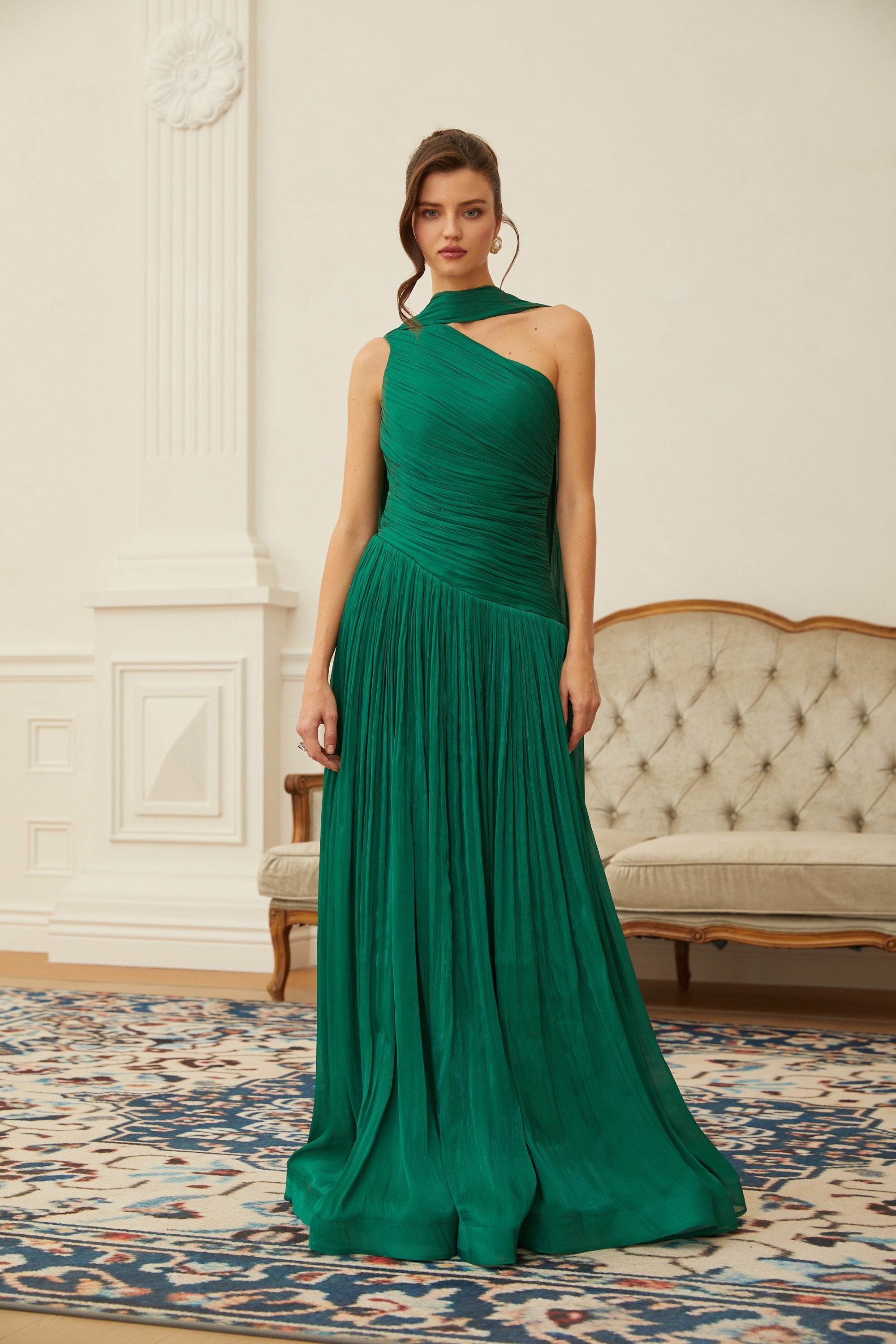 Emerald Green One Shoulder Ruched Maxi Dress
