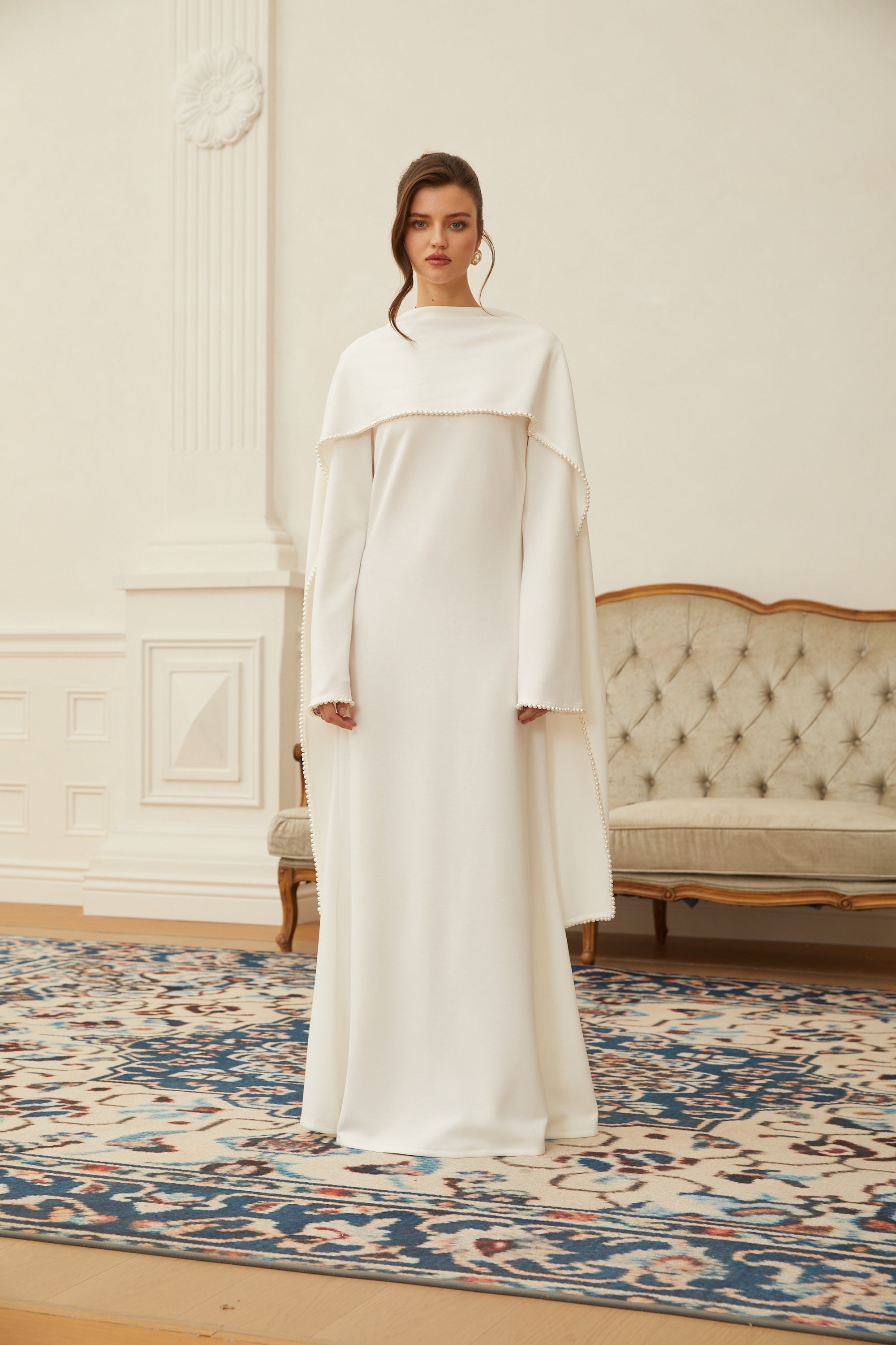 Piroska White Pearl Trim Shawl Detail Maxi Dress (Final Sale-US Only)