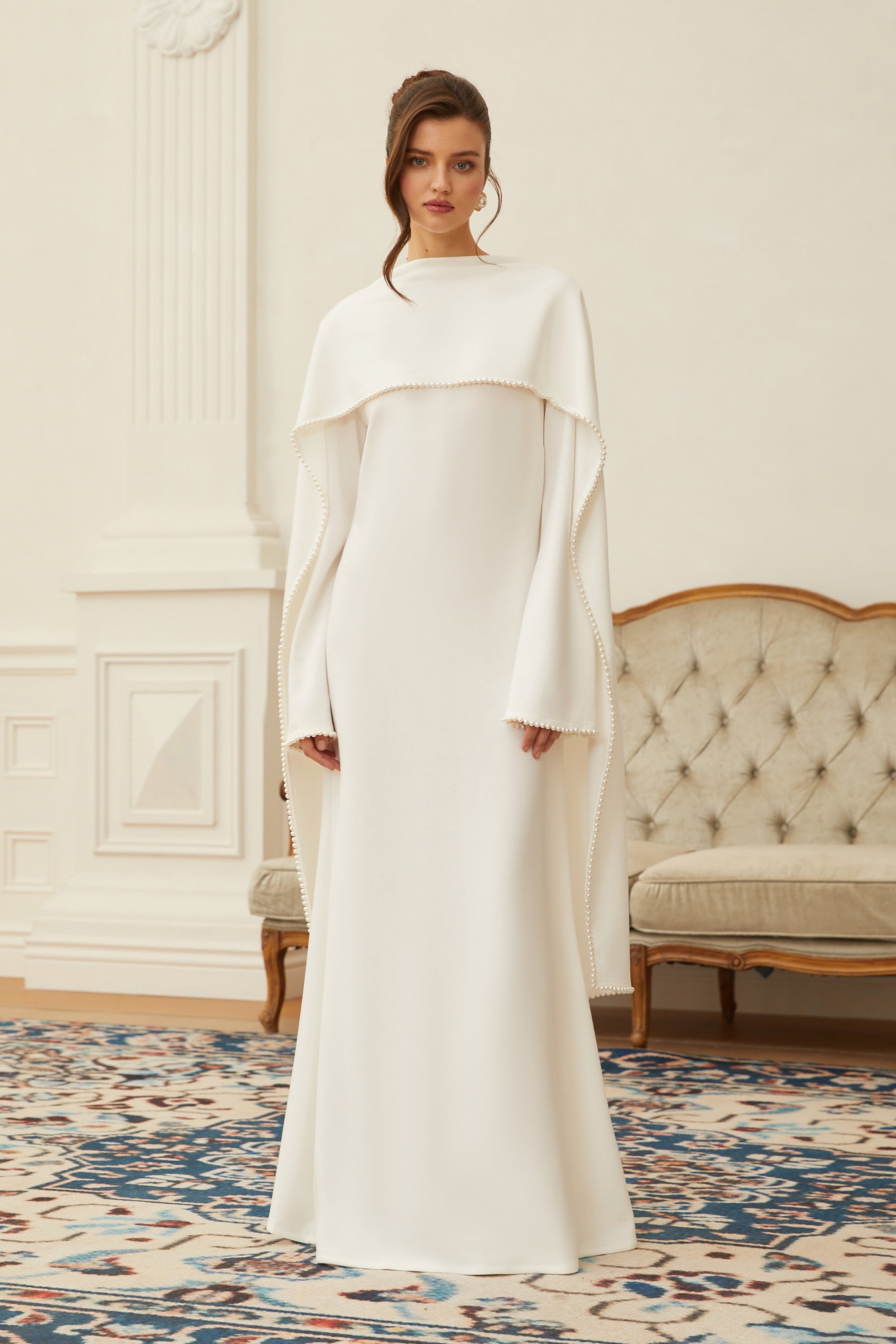 Piroska White Pearl Trim Shawl Detail Maxi Dress (Final Sale-US Only)