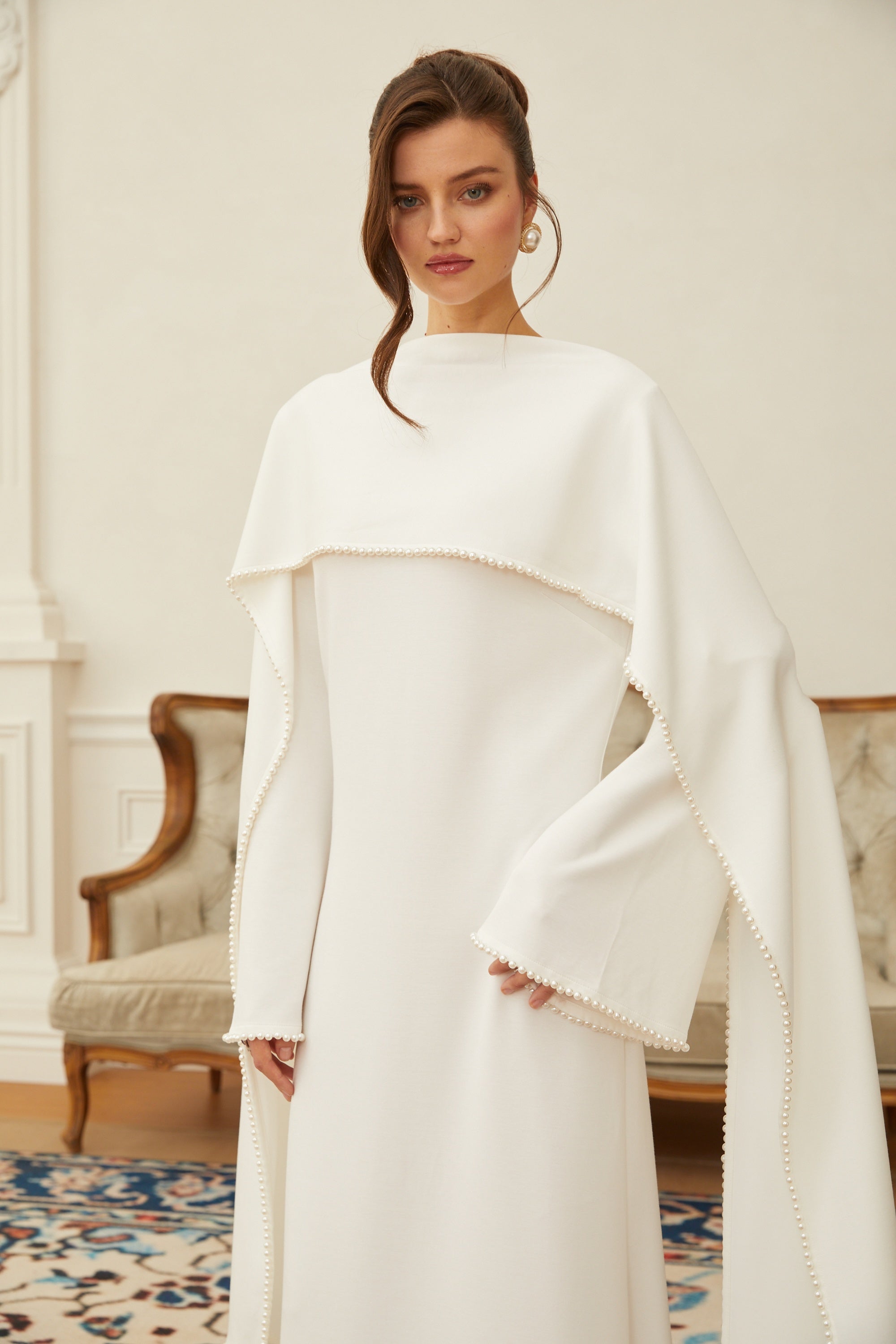 Piroska White Pearl Trim Shawl Detail Maxi Dress (Final Sale-US Only)