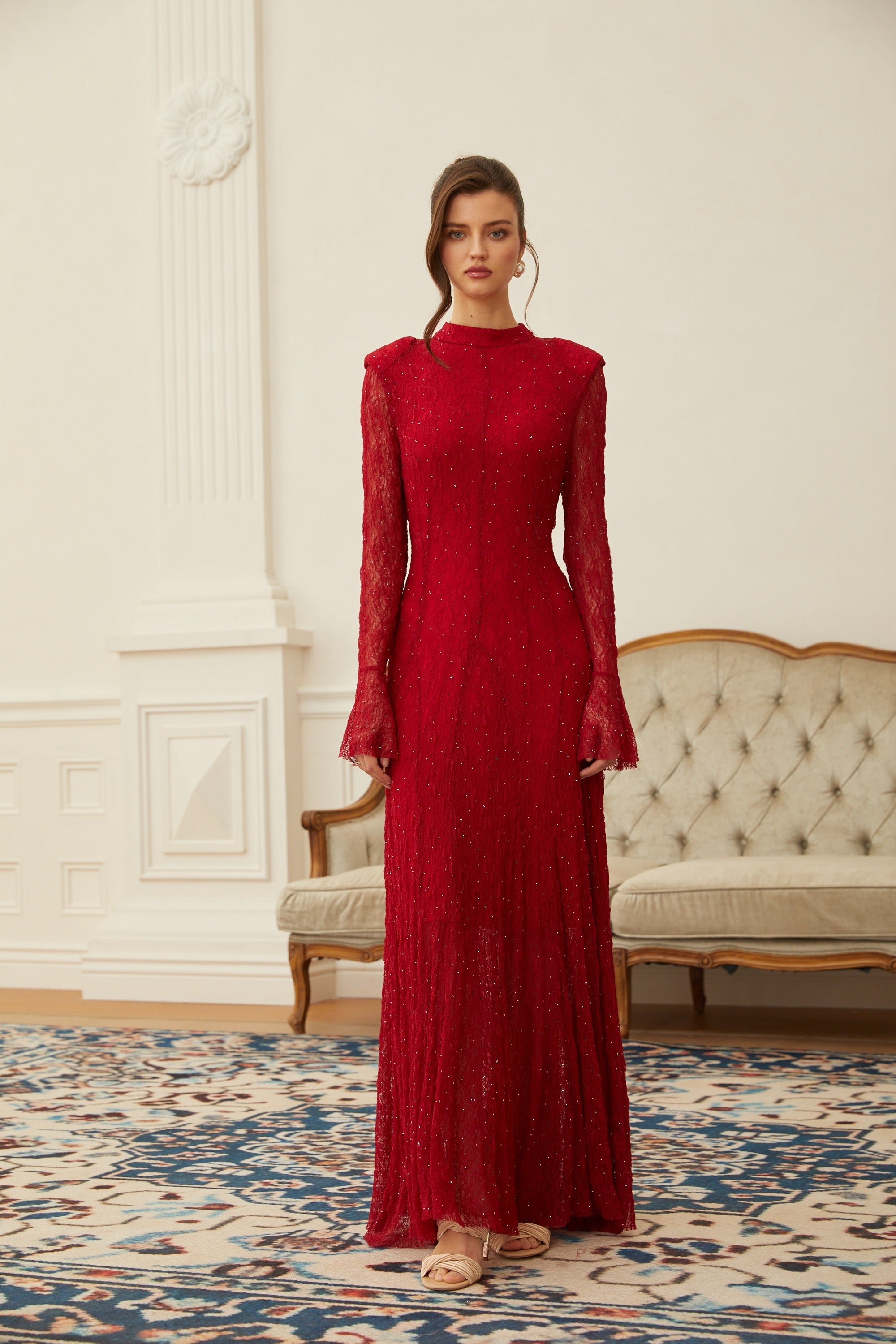 Justyna Red Rhinestone Guipure Lace Maxi Dress