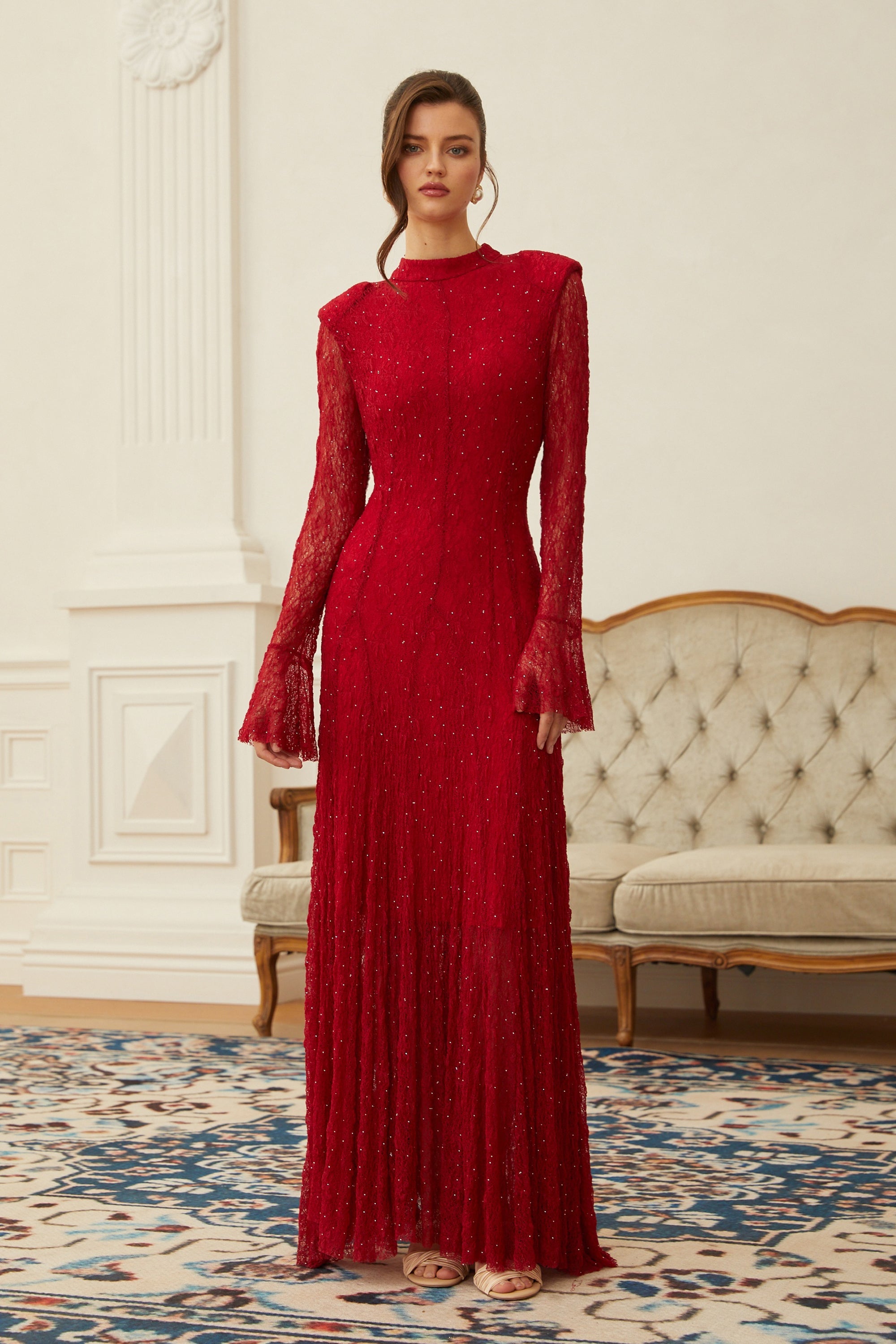 Justyna Red Rhinestone Guipure Lace Maxi Dress (Final Sale)