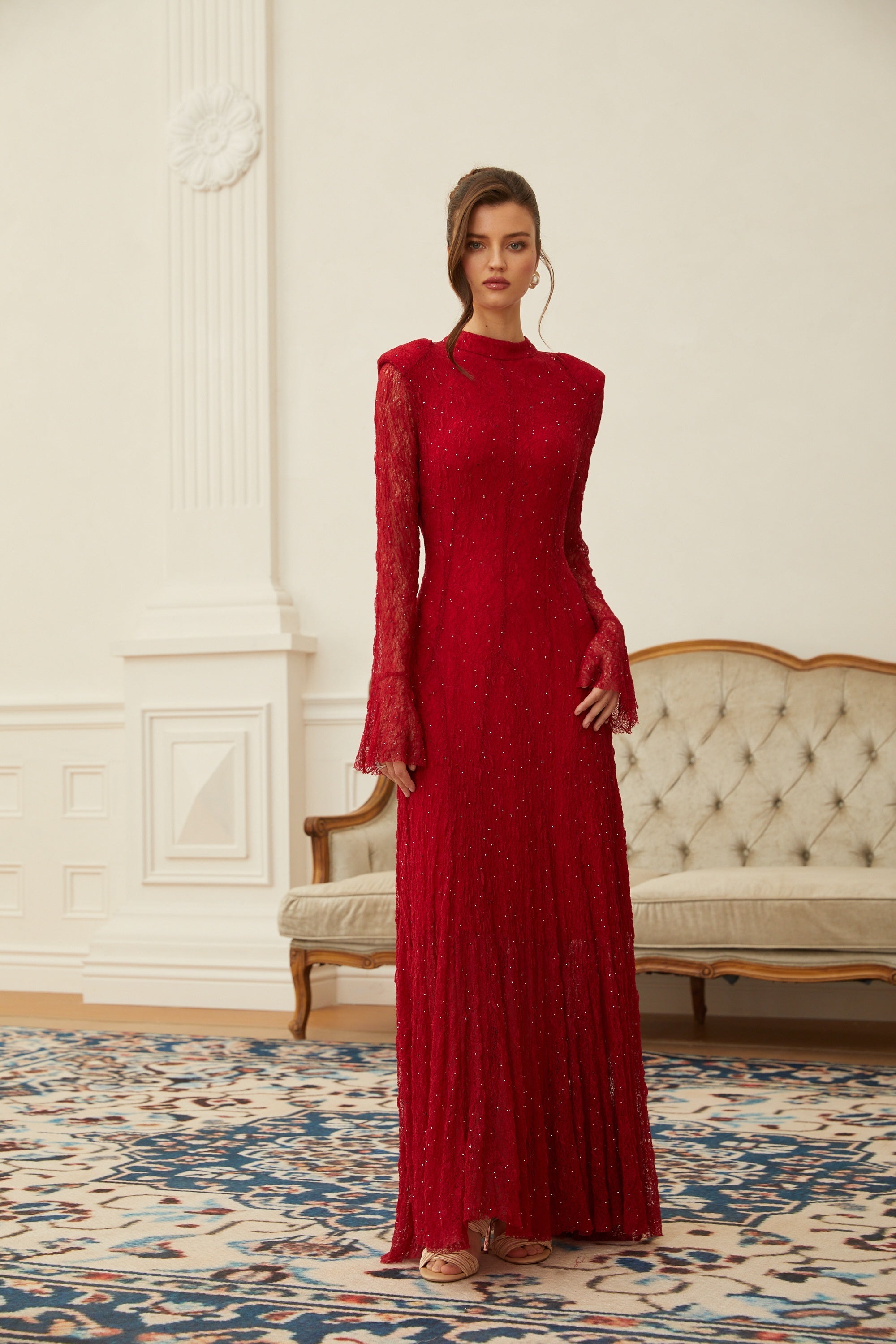 Justyna Red Rhinestone Guipure Lace Maxi Dress (Final Sale)