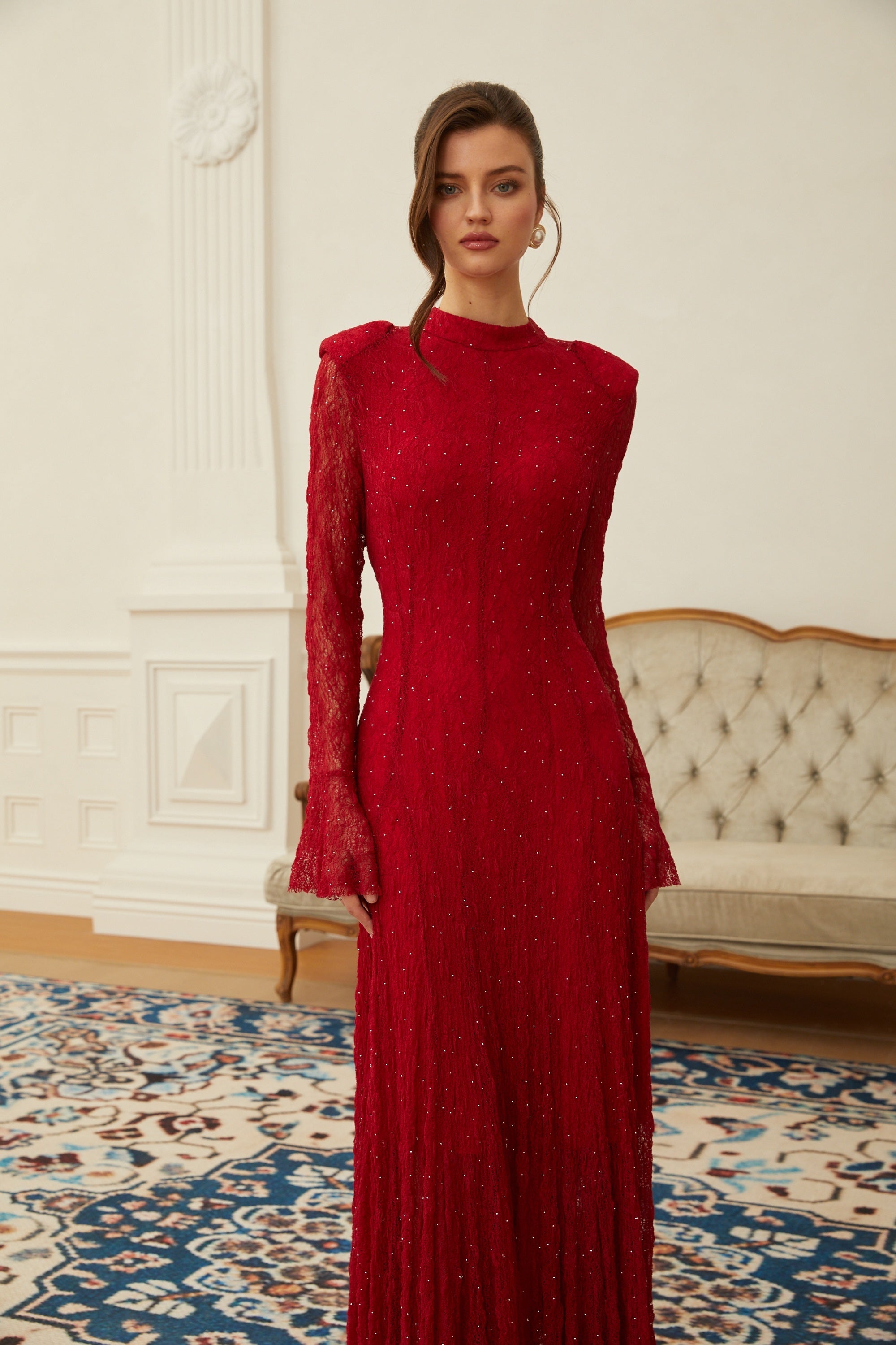 Justyna Red Rhinestone Guipure Lace Maxi Dress (Final Sale)