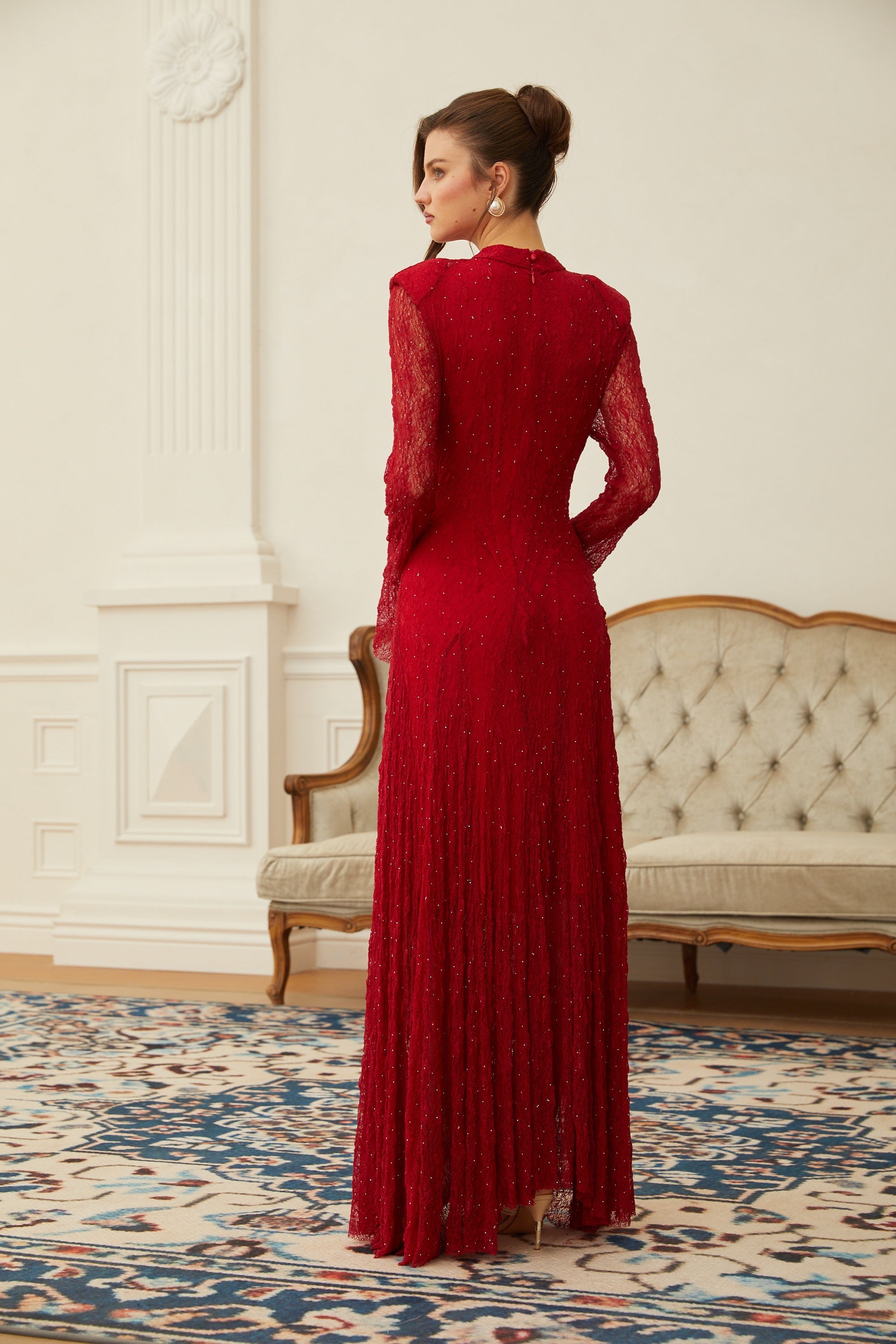 Justyna Red Rhinestone Guipure Lace Maxi Dress  (Final Sale-US Only)
