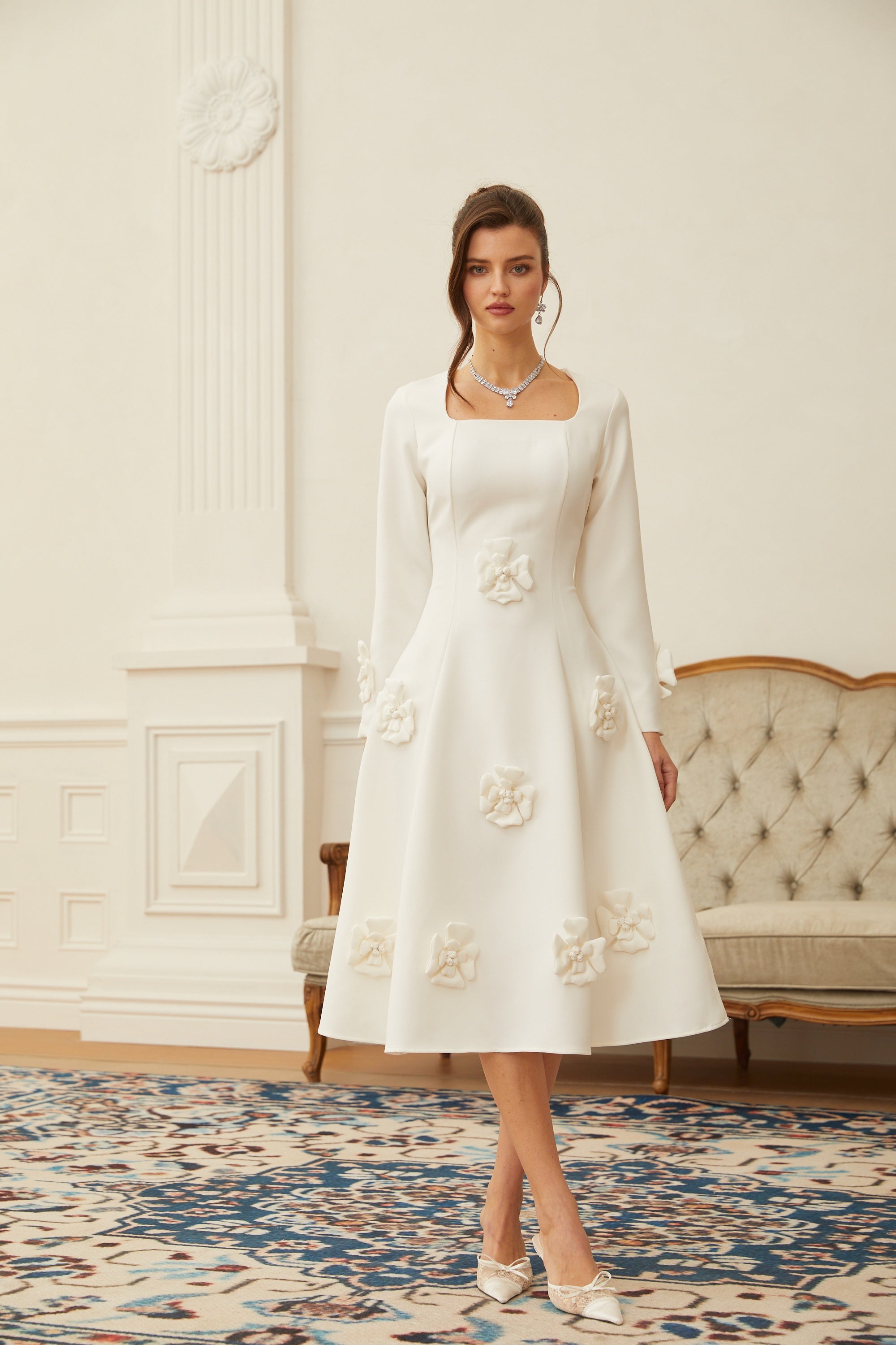 Estrid White 3D Petal Darted Midi Dress
