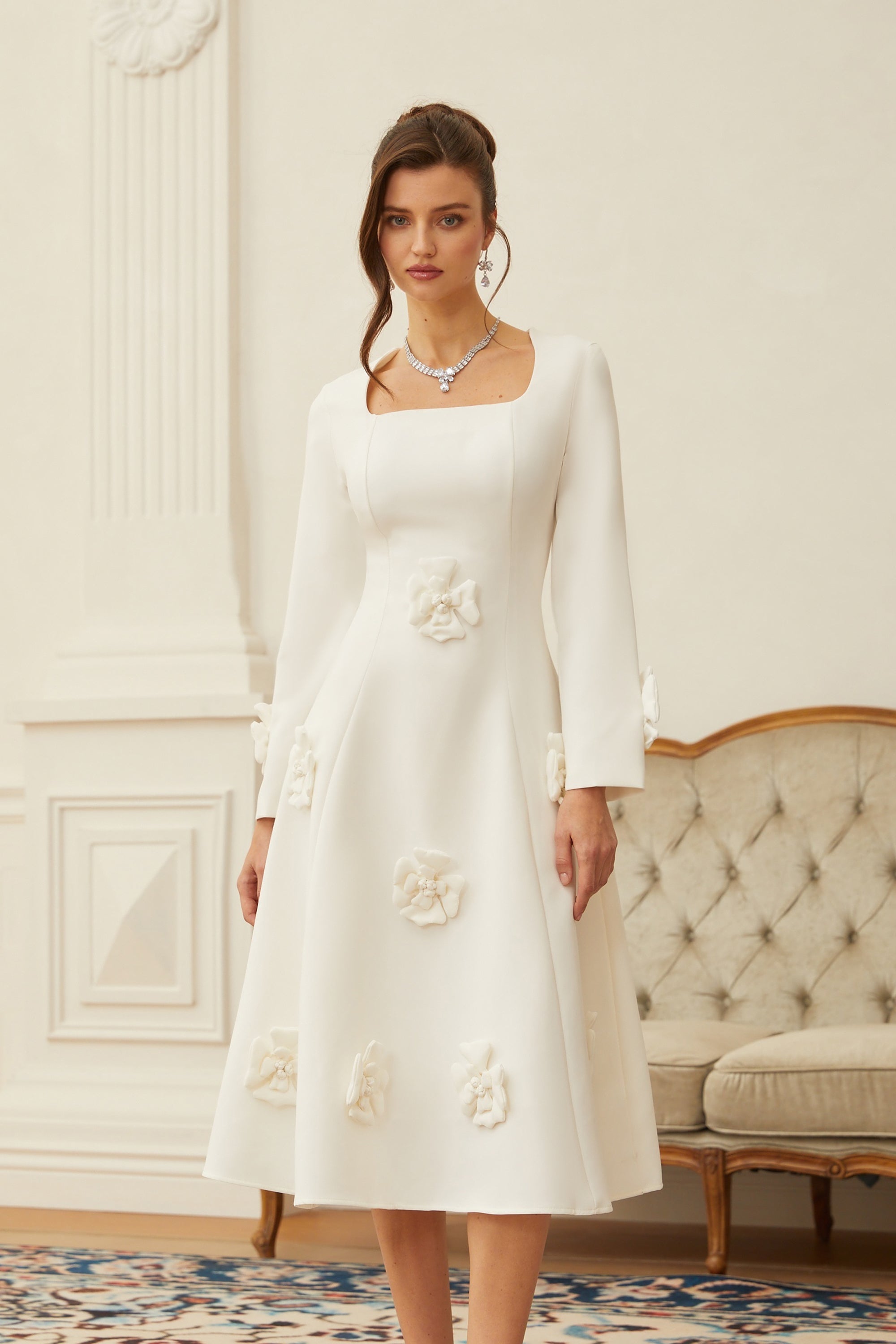 Estrid White 3D Petal Darted Midi Dress (Final Sale-US Only)
