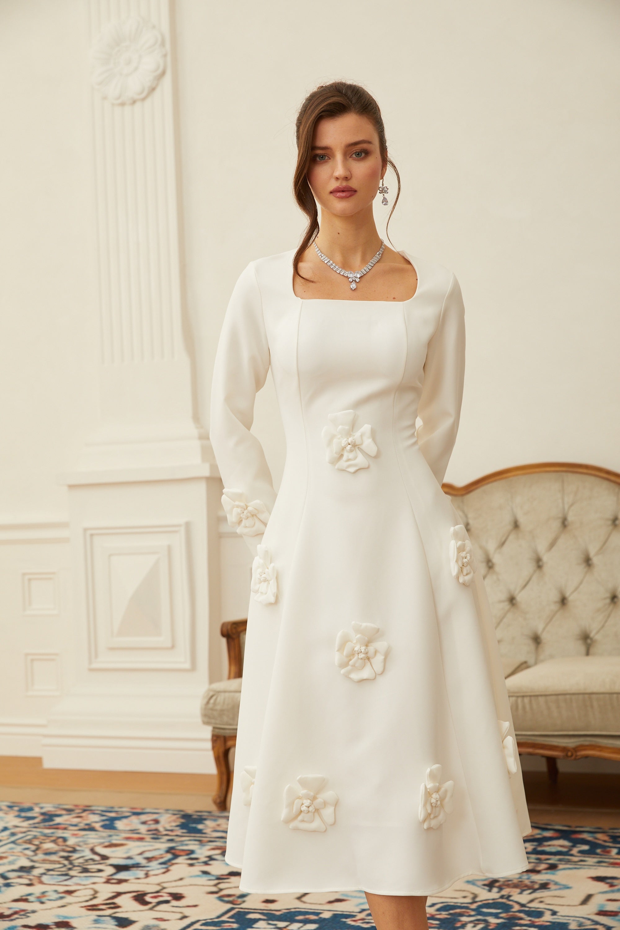 Estrid White 3D Petal Darted Midi Dress